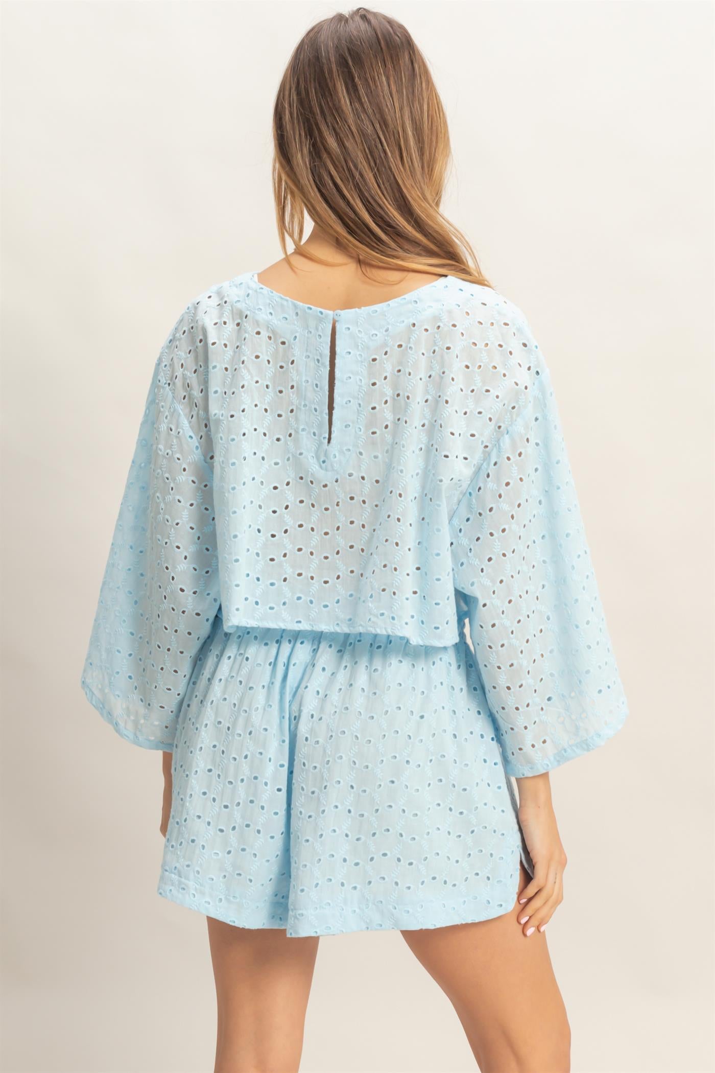 Wholesale Eyelet Long Sleeve Top & Shorts Set Clothing HF26A066-SET L.BLUE HYFVE