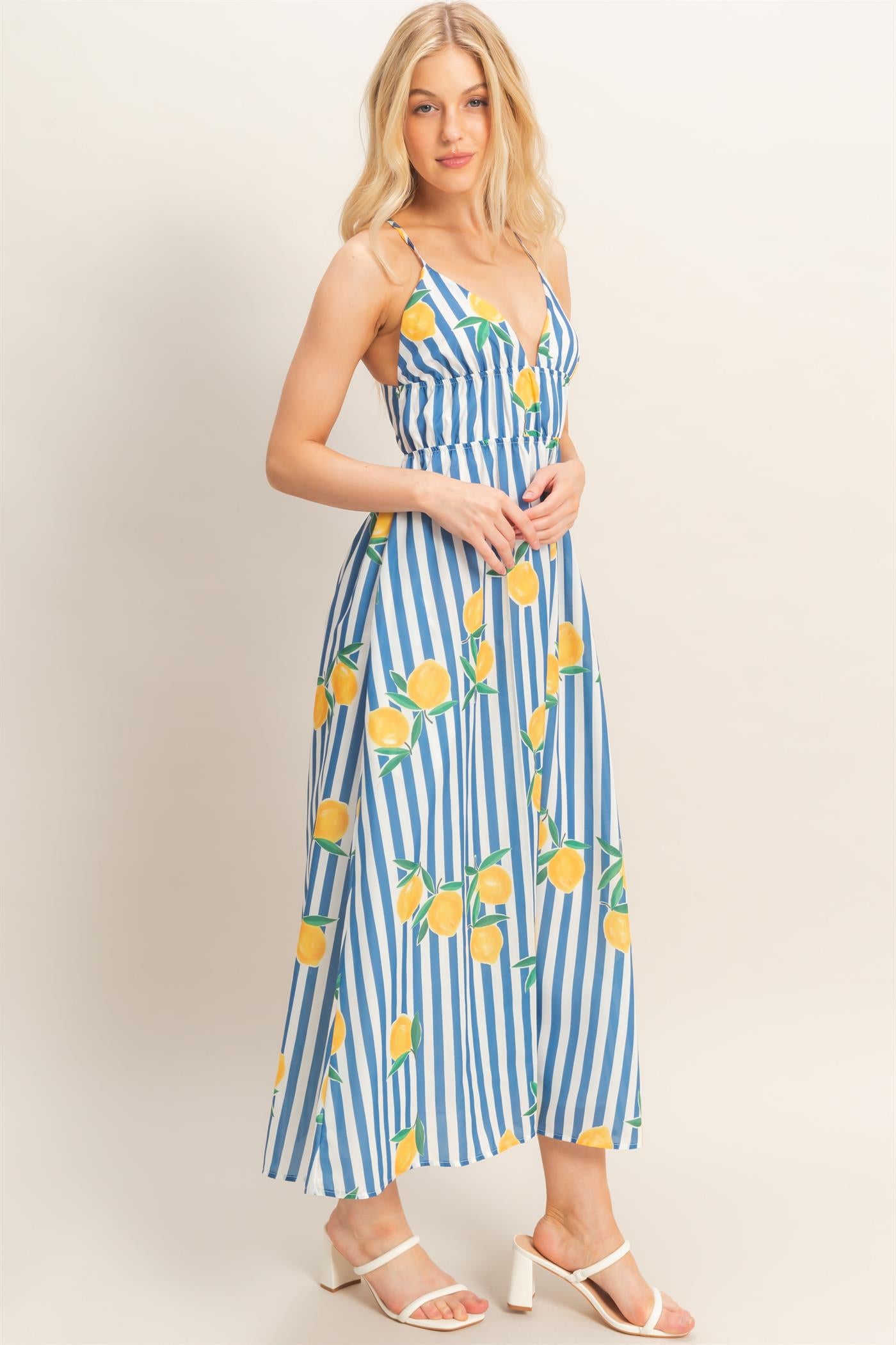 Wholesale Striped Lemon Print Midi Dress Dresses HF26C269 BLUE HYFVE