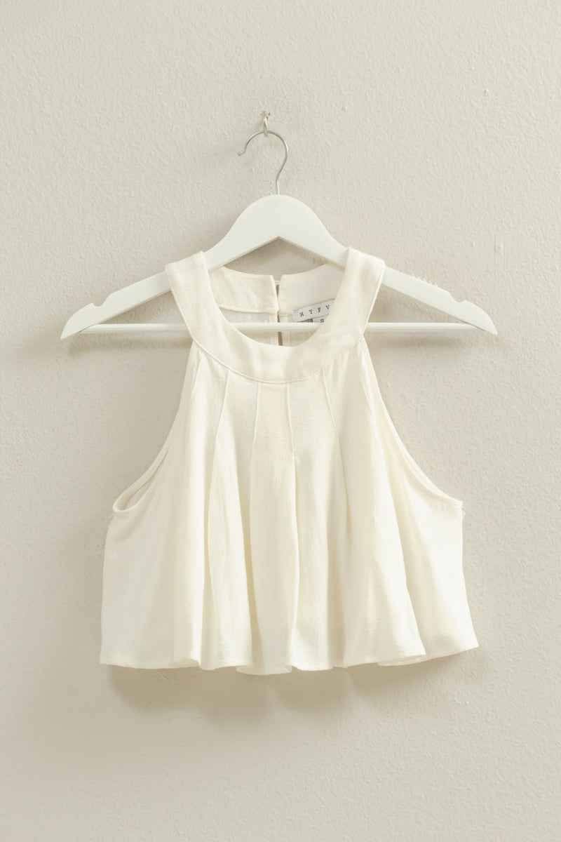 Wholesale Halter Pleated Ruffle Crop Top Clothing Tops HF23C323 OFF WHITE HYFVE