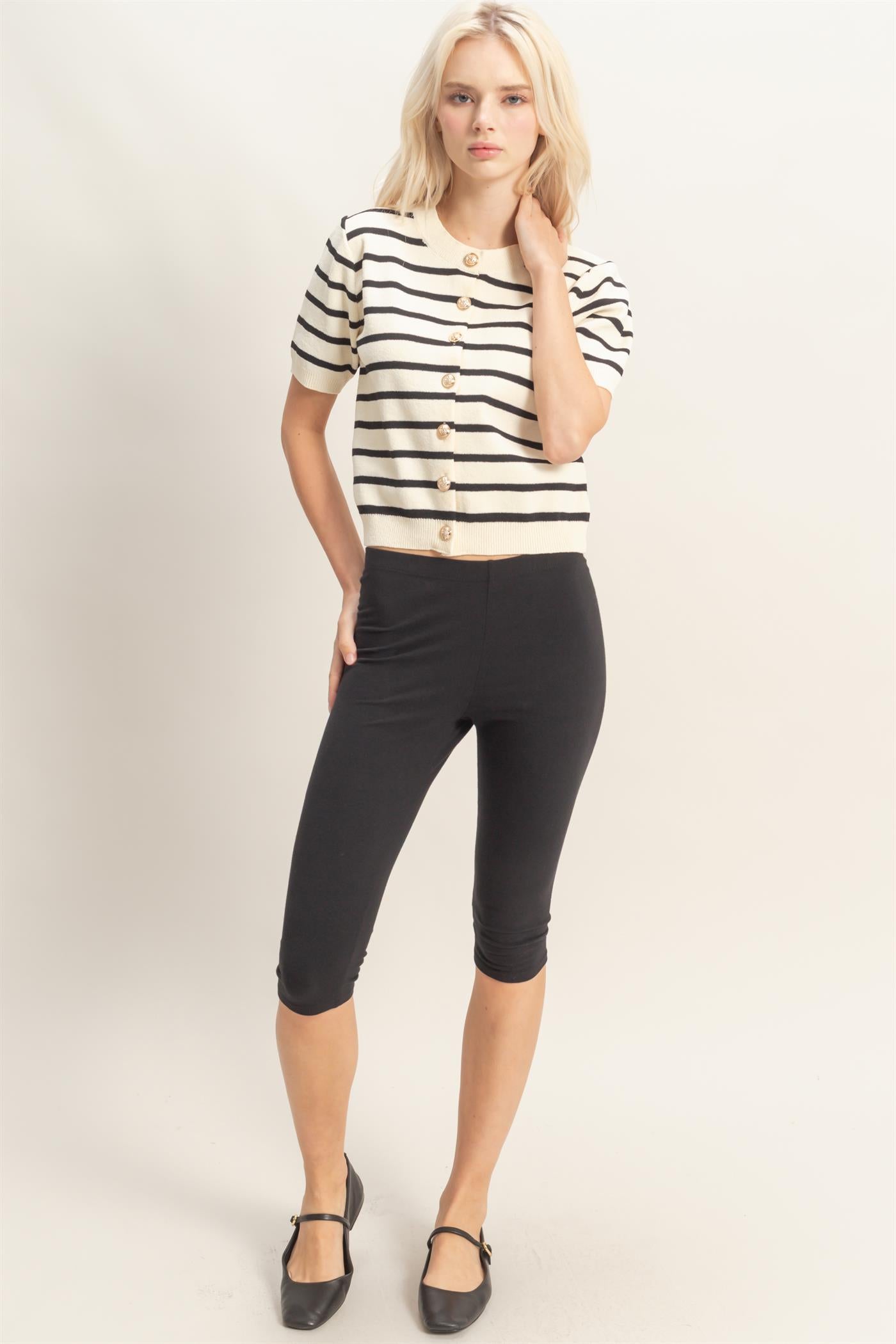 Wholesale Striped Short Sleeve Button Up Cardigan Cardigans DZ26A604 BLACK DOUBLE ZERO