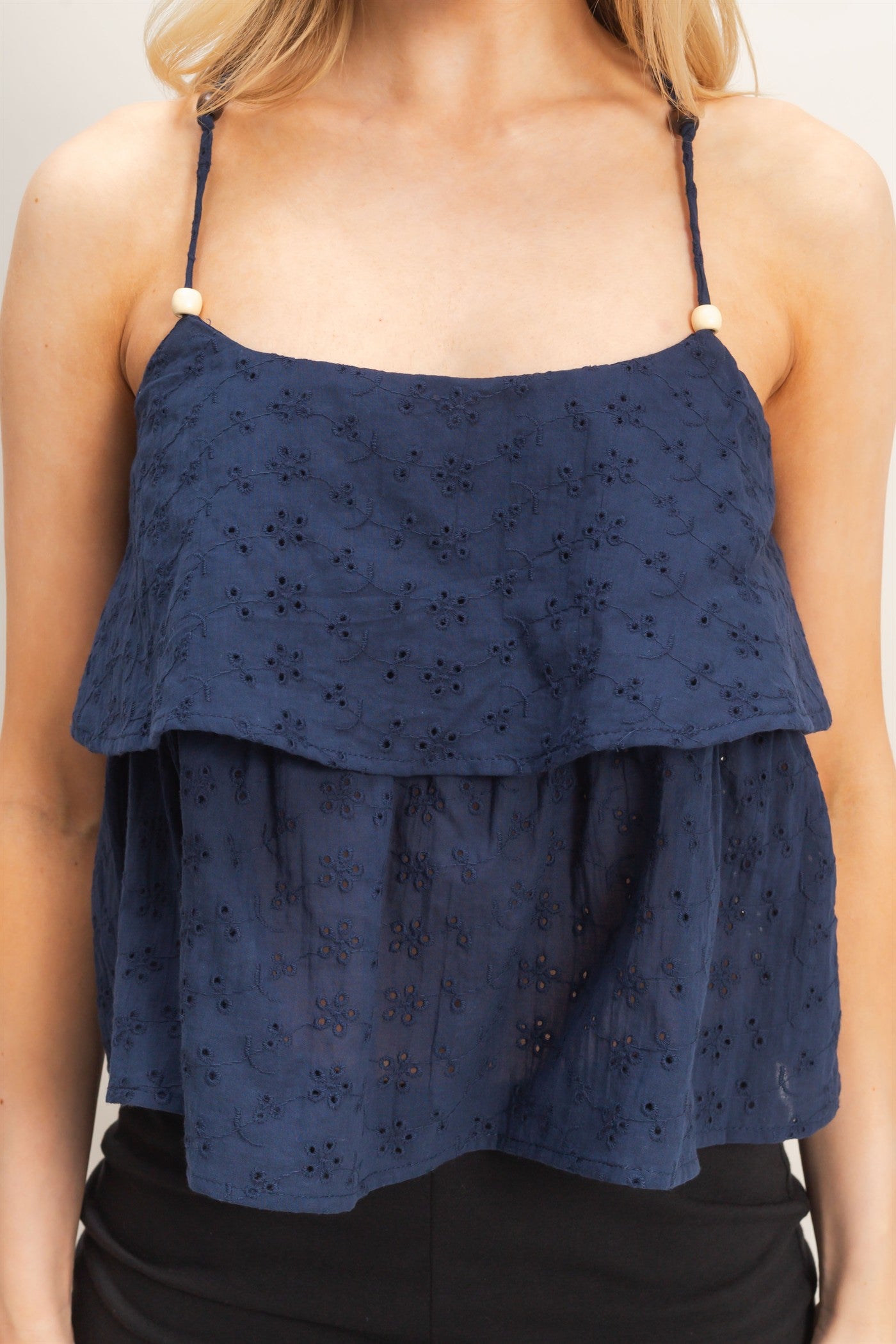 Wholesale Tiered Floral Eyelet Top Blouses HF26A852 NAVY HYFVE