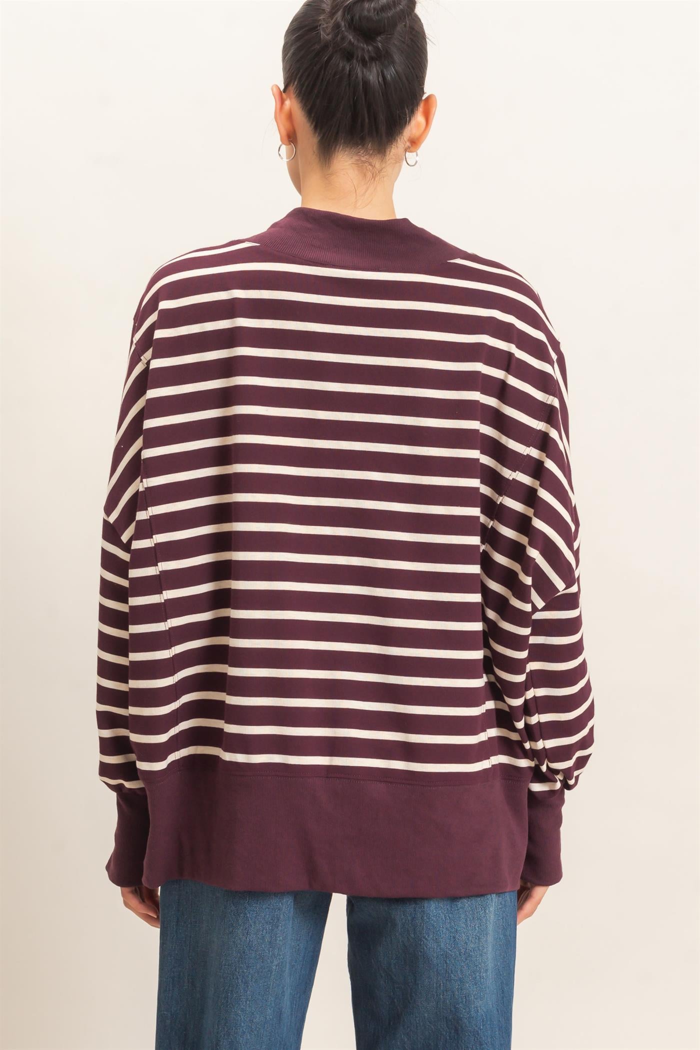 Wholesale Striped Mock Neck Sweatshirt Sweatshirts HF27A178-D RASPBERRY/ECRU HYFVE