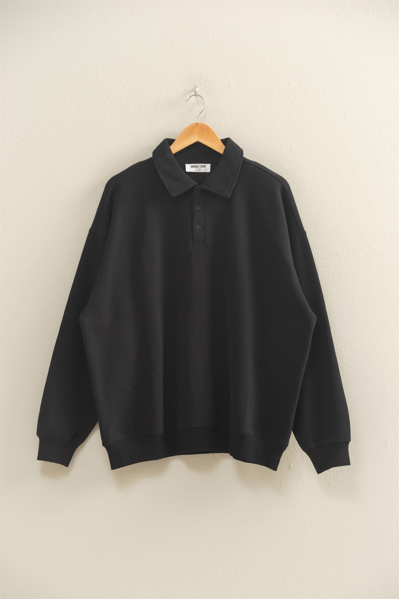 Wholesale Oversized Polo Collared Pullover Sweatshirts DZ25F074 BLACK DOUBLE ZERO