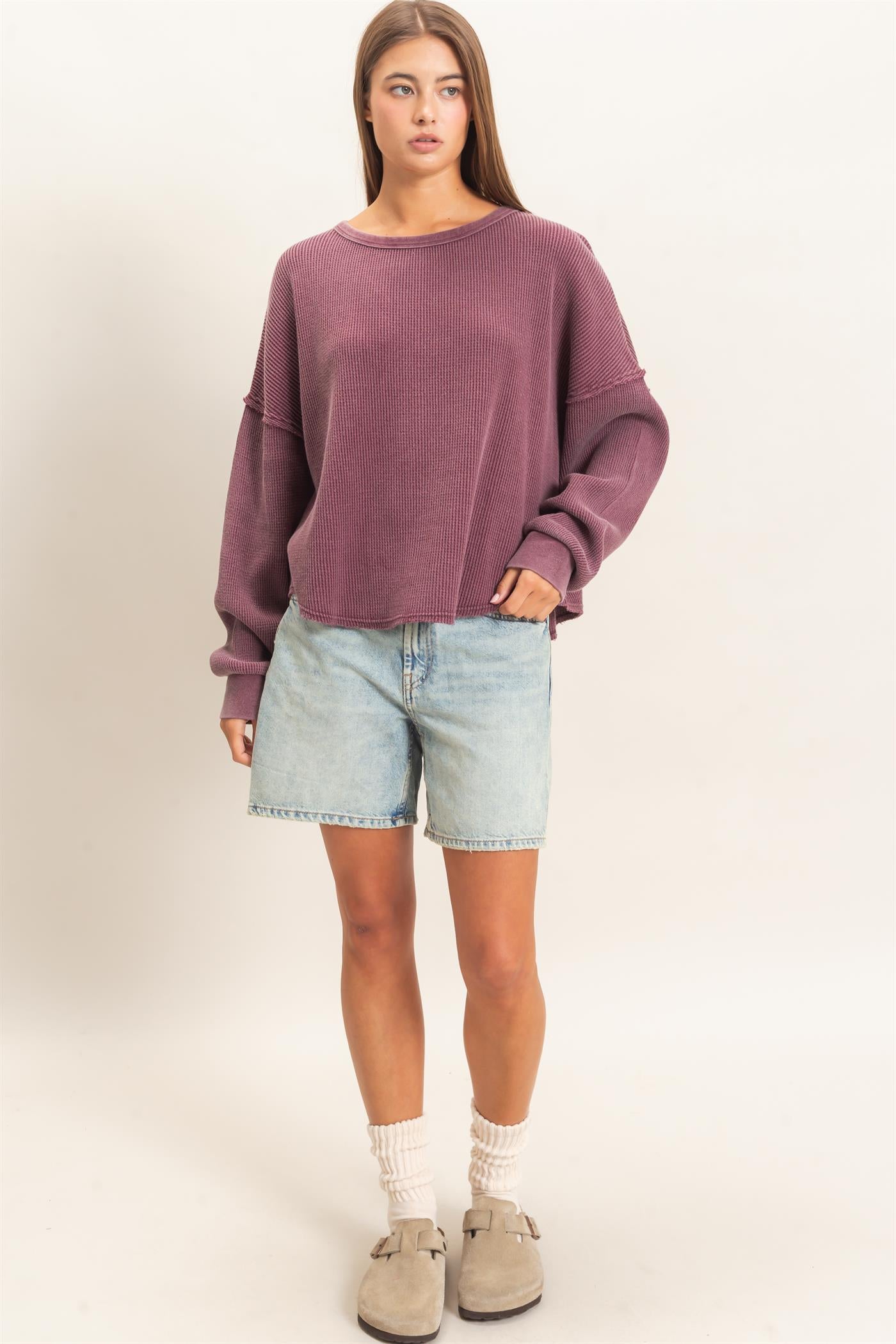 Wholesale Mineral Wash Waffle Oversized Top Clothing Tops DZ26E248 DARK CHERRY DOUBLE ZERO