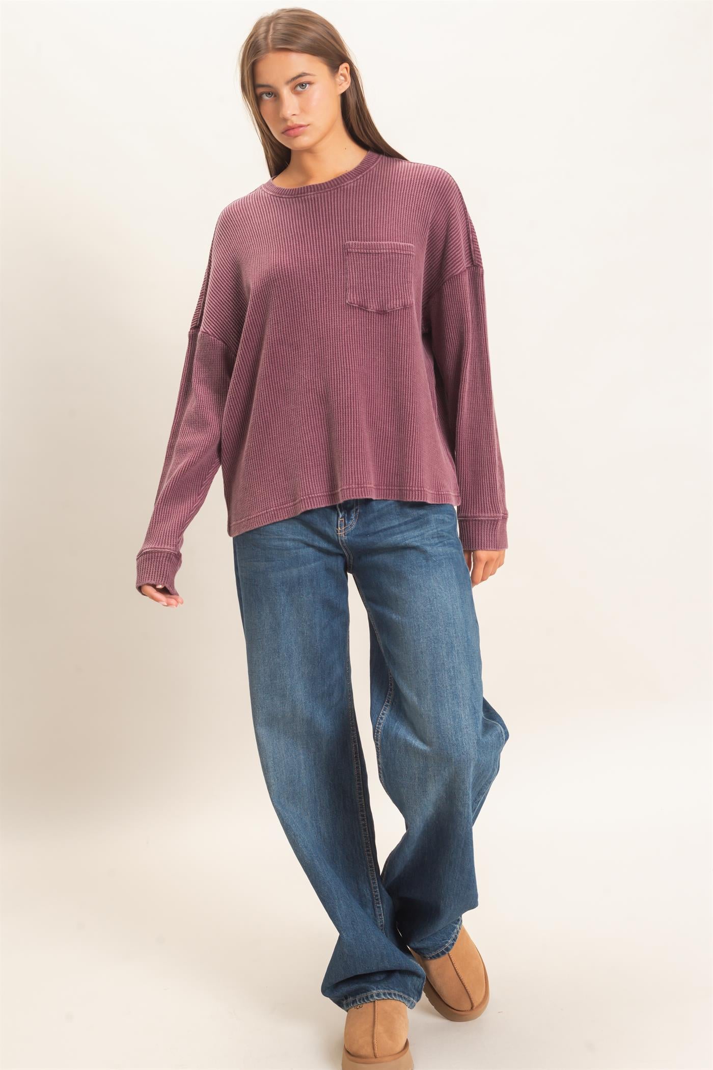 Wholesale Mineral Wash Waffle Long Sleeve Top Clothing Tops DZ26F242 DARK CHERRY DOUBLE ZERO