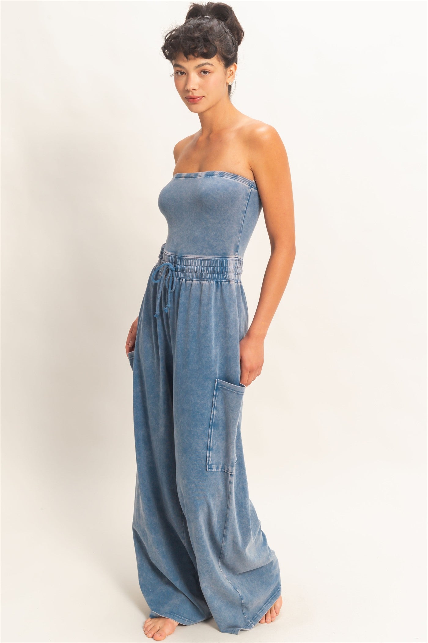 Wholesale Mineral Wash Strapless Wide-Leg Jumpsuit Clothing DZ26C376 NAVY DOUBLE ZERO