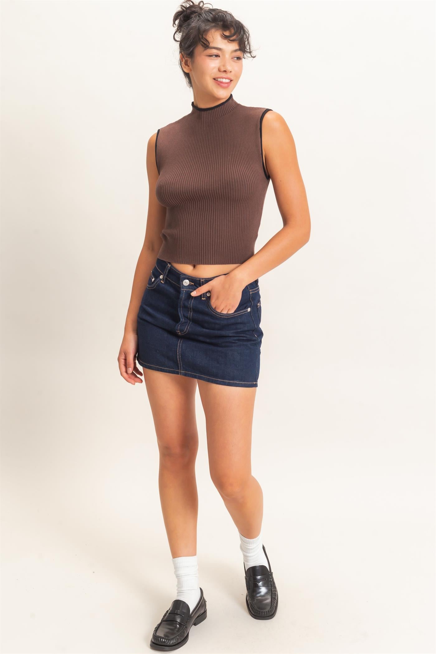 Wholesale Ribbed Mock Neck Sleeveless Top Clothing Tops DZ26E777 DARK BROWN DOUBLE ZERO
