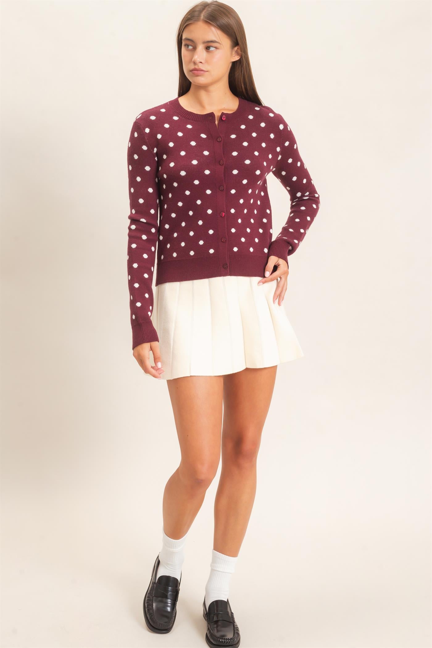 Wholesale Polka Dot Cardigan Sweaters DZ26E453 DARK CHERRY DOUBLE ZERO