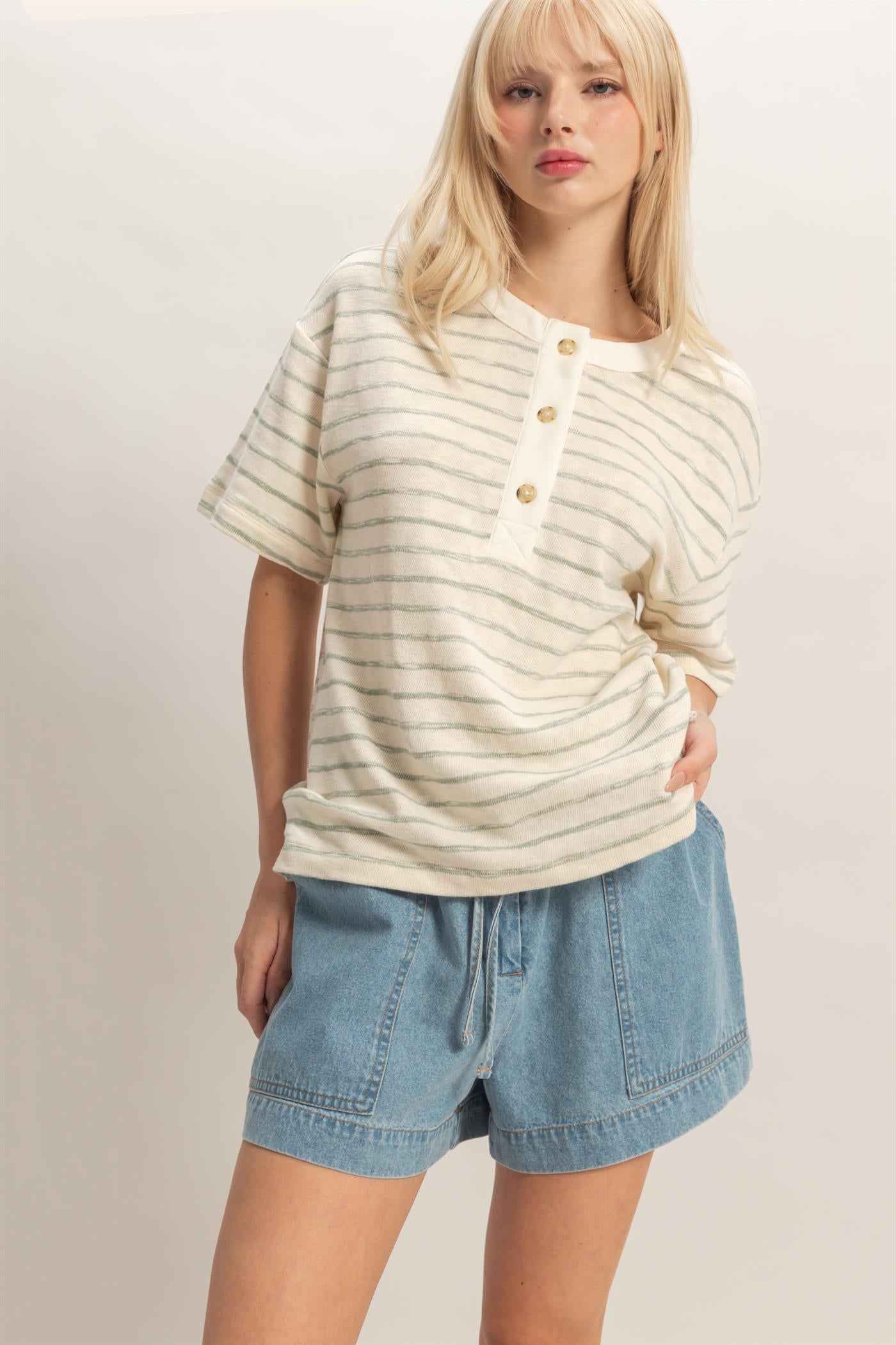 Wholesale Striped Short Sleeve Henley Top Clothing Tops DZ26A653 SAGE GREEN DOUBLE ZERO