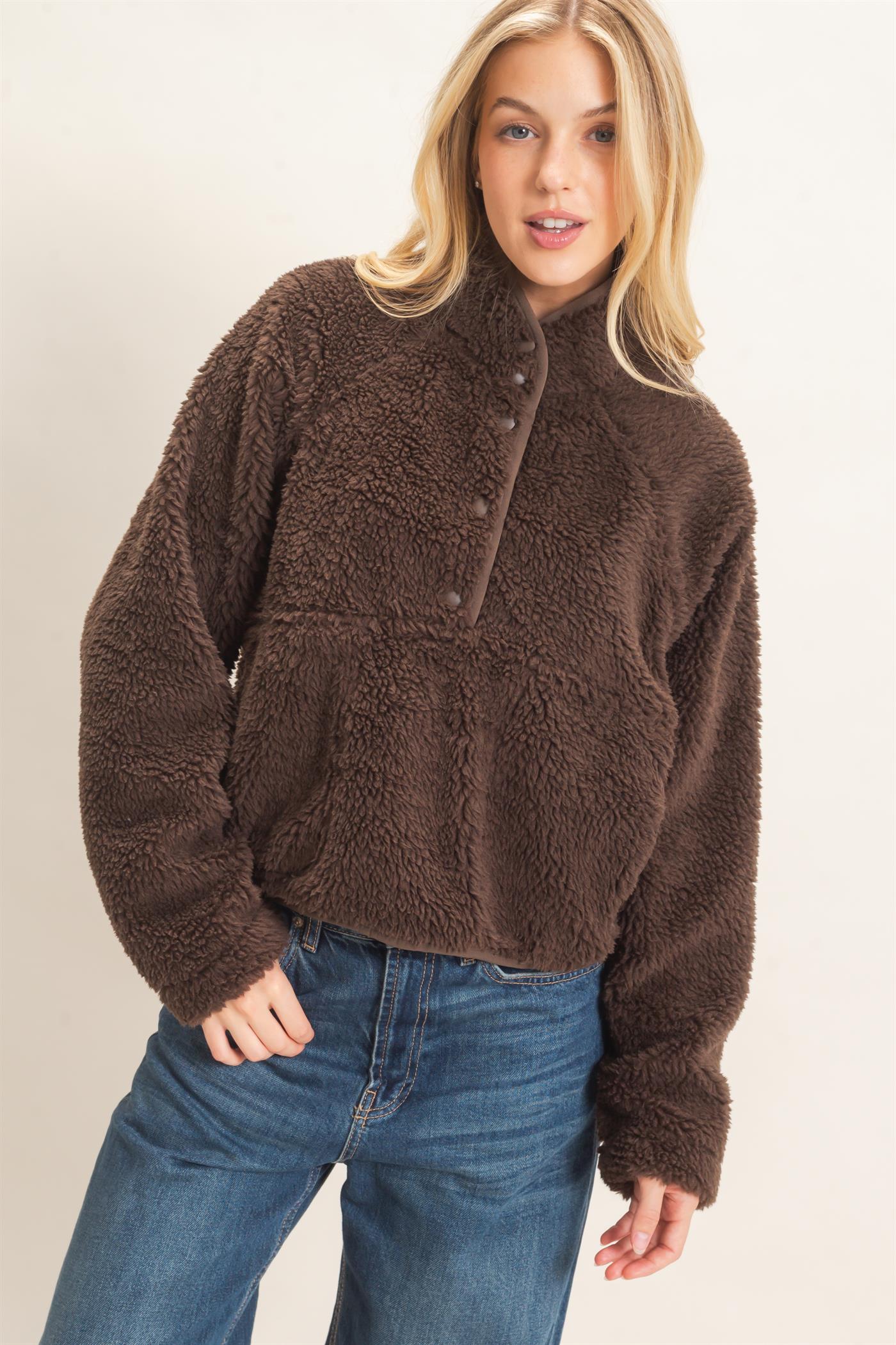 Wholesale Half-Zip Sherpa Jacket Sweatshirts HF26F130-D BROWN HYFVE