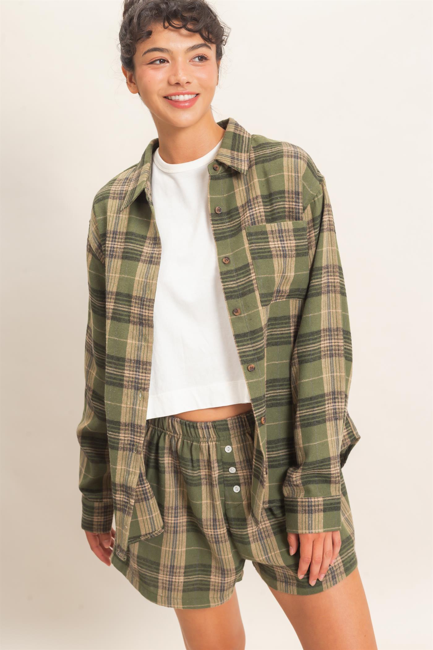 Wholesale Plaid Long Sleeve Shirt Shirts DZ26F275 OLIVE DOUBLE ZERO