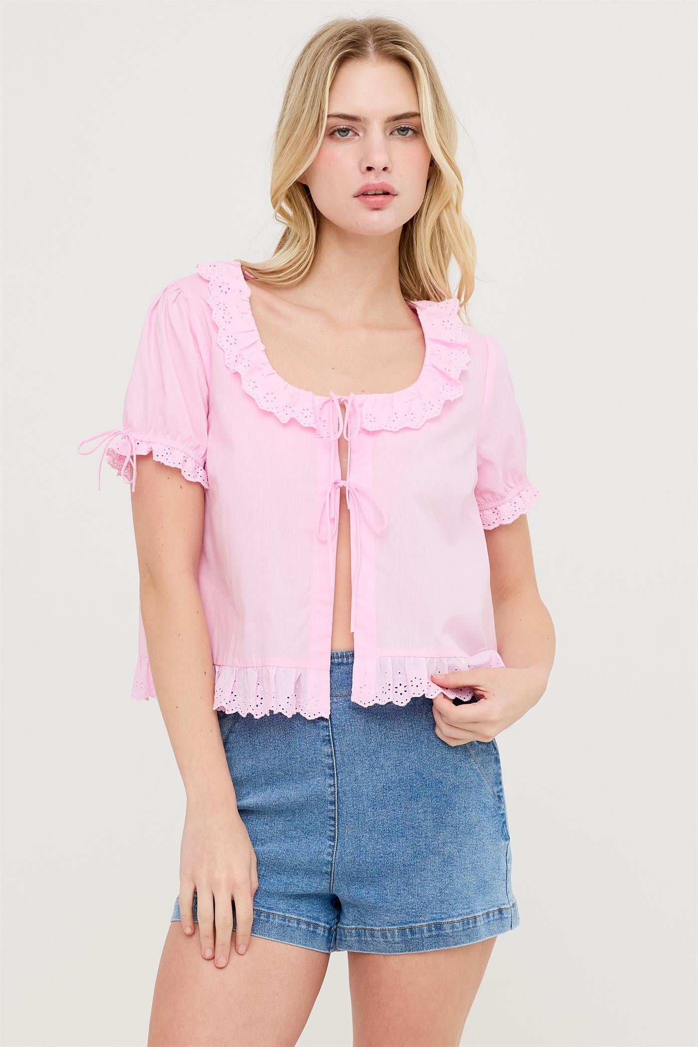 Wholesale Lace Trim Peasant Top Blouses HF26C137 PINK HYFVE