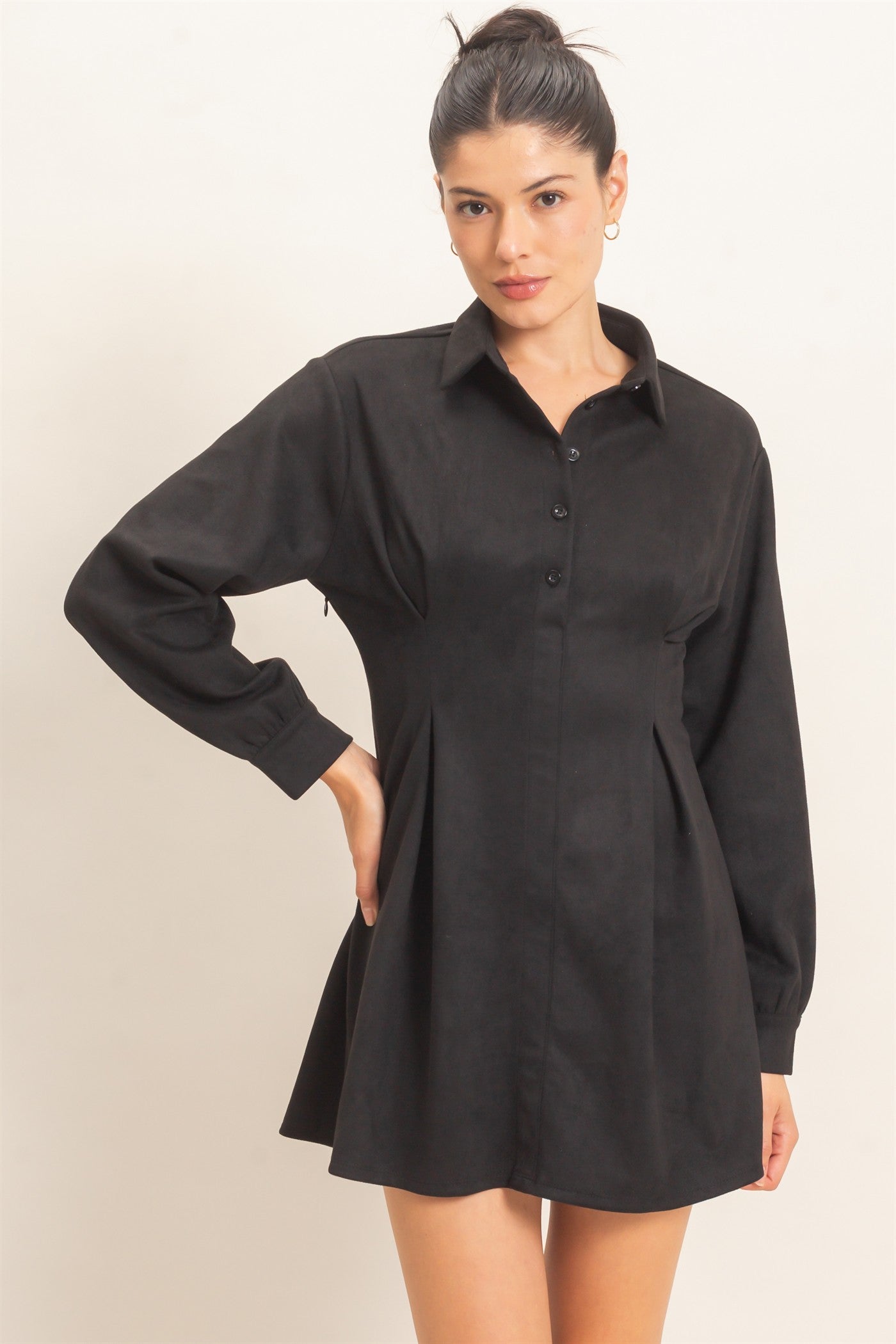 Wholesale Faux Suede Long Sleeve Shirtdress Dresses HF26F063 BLACK HYFVE