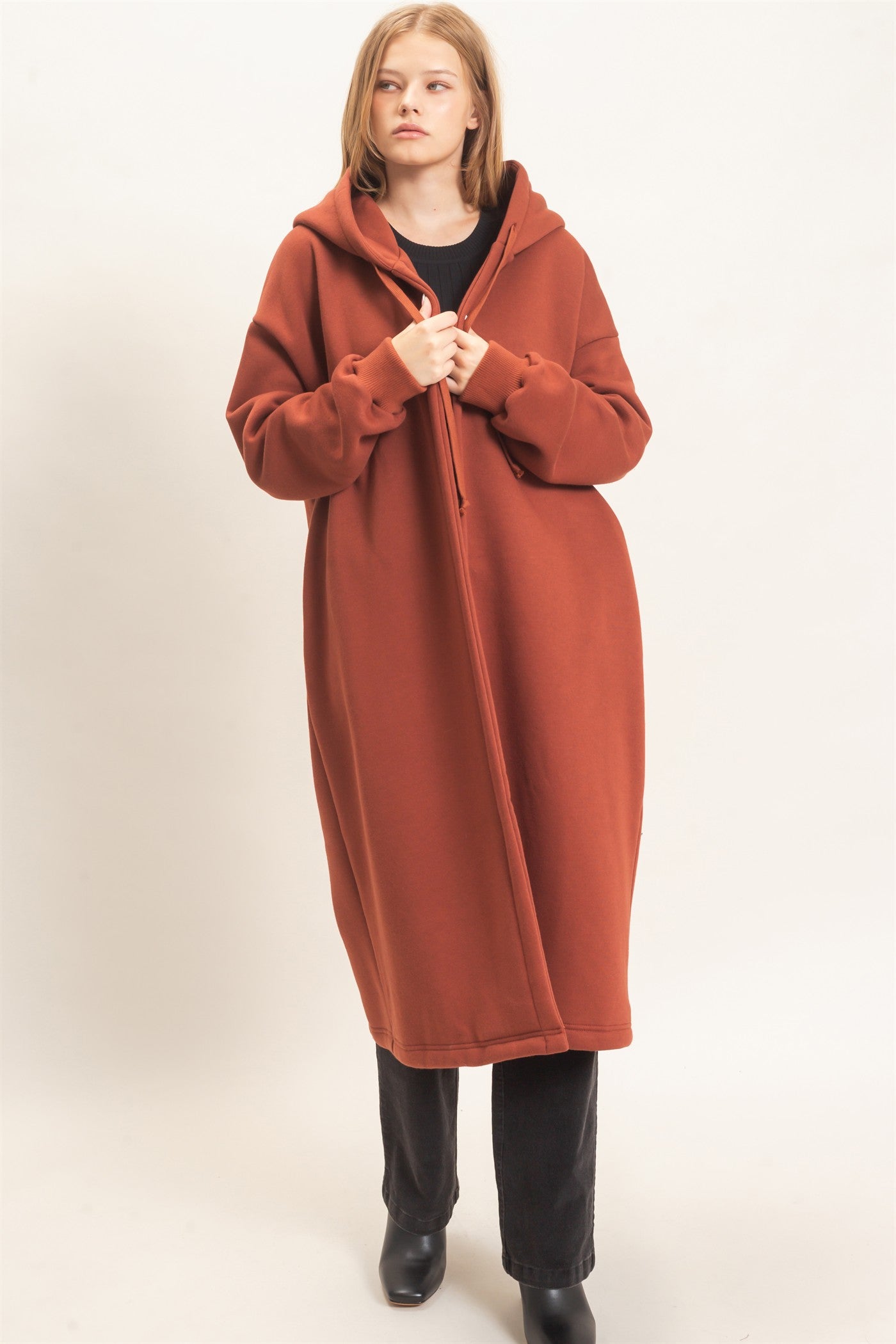 Wholesale Oversized Hooded Open Front Coat Coats & Jackets HF26F142-D BRICK HYFVE