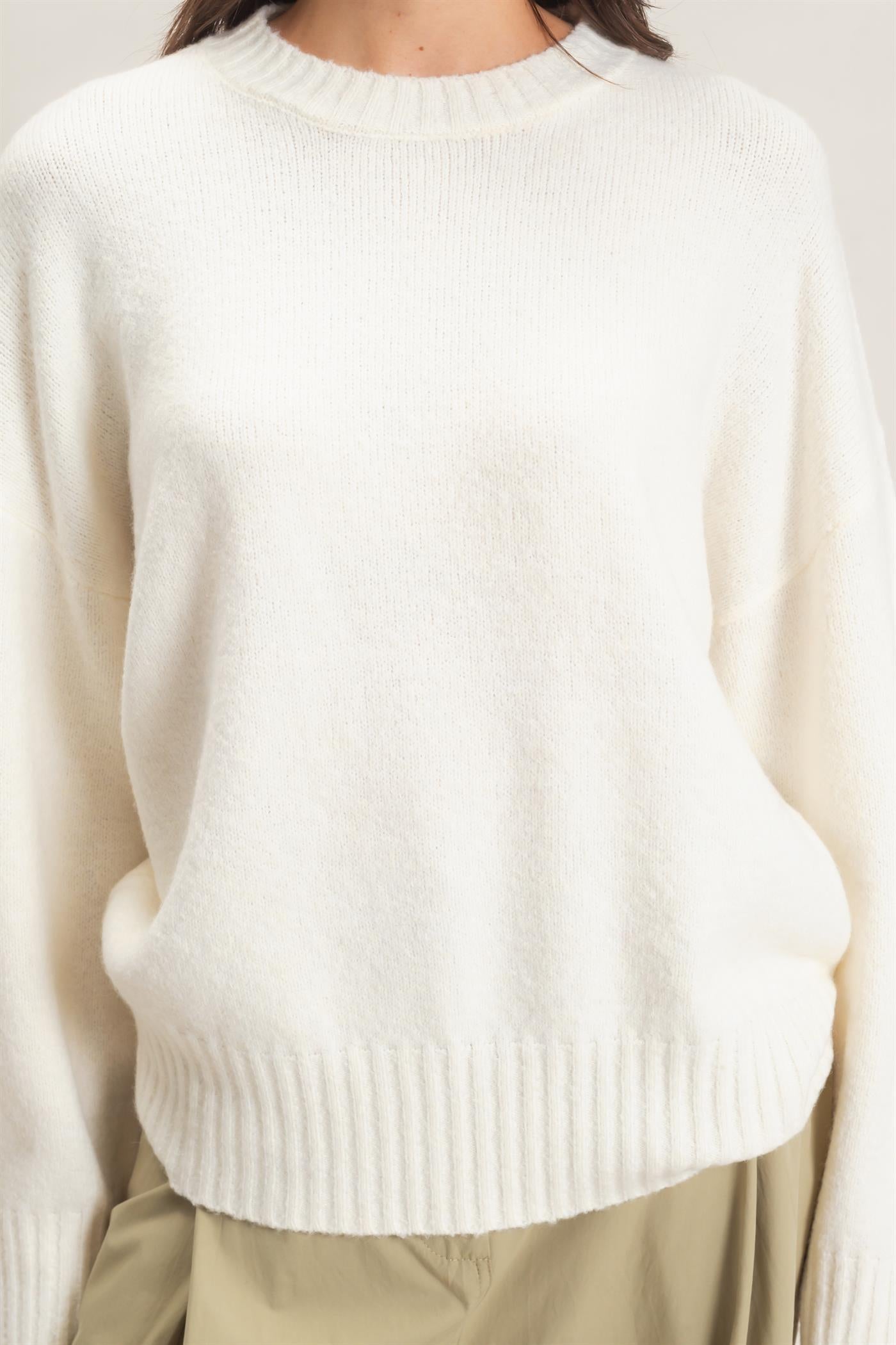 Wholesale Ribbed Crew Neck Sweater Sweaters HF26F179-D CREAM HYFVE
