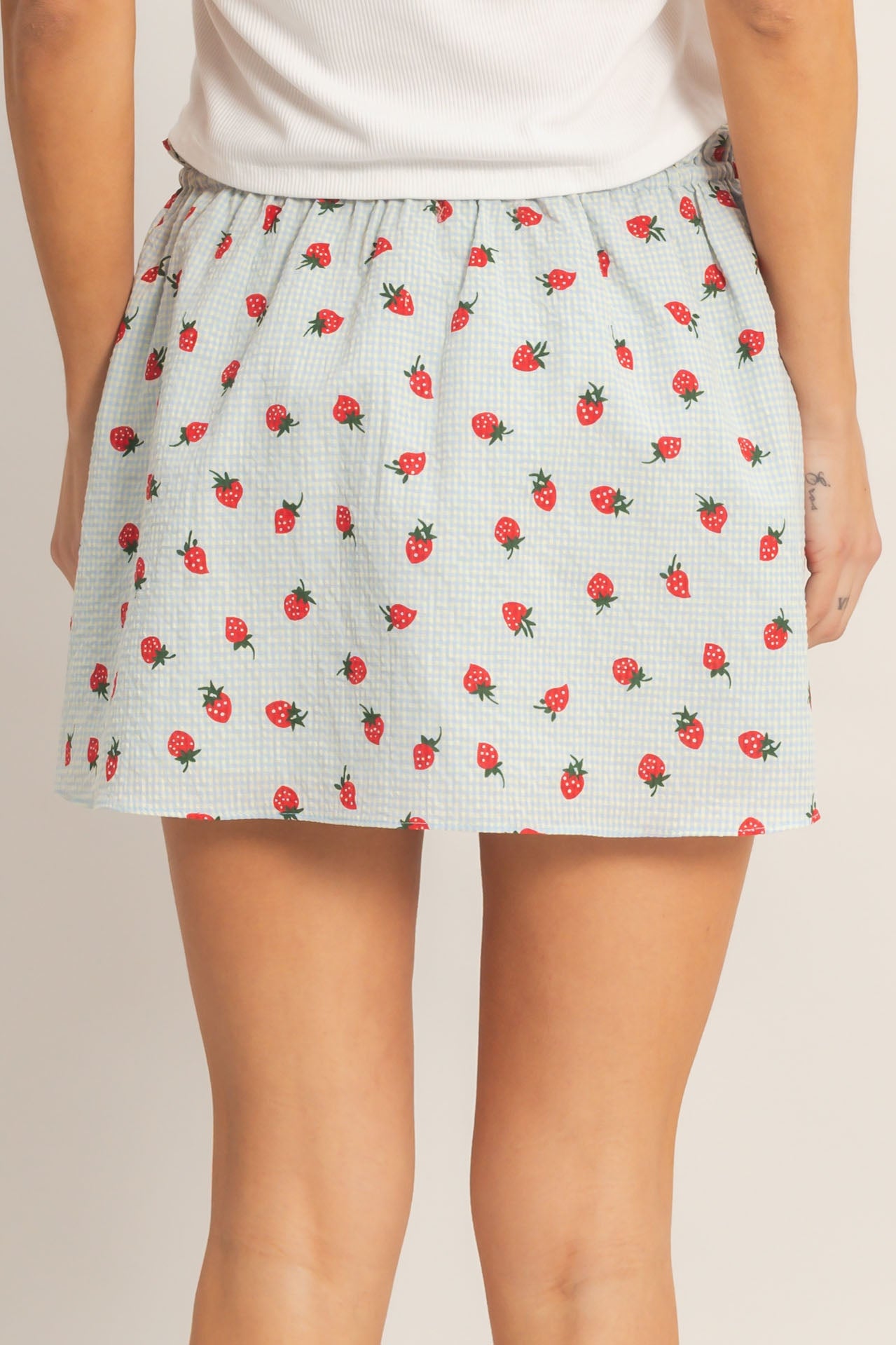 Wholesale Strawberry Print Gingham A-Line Skirt Skirts HF26A598 BLUE HYFVE