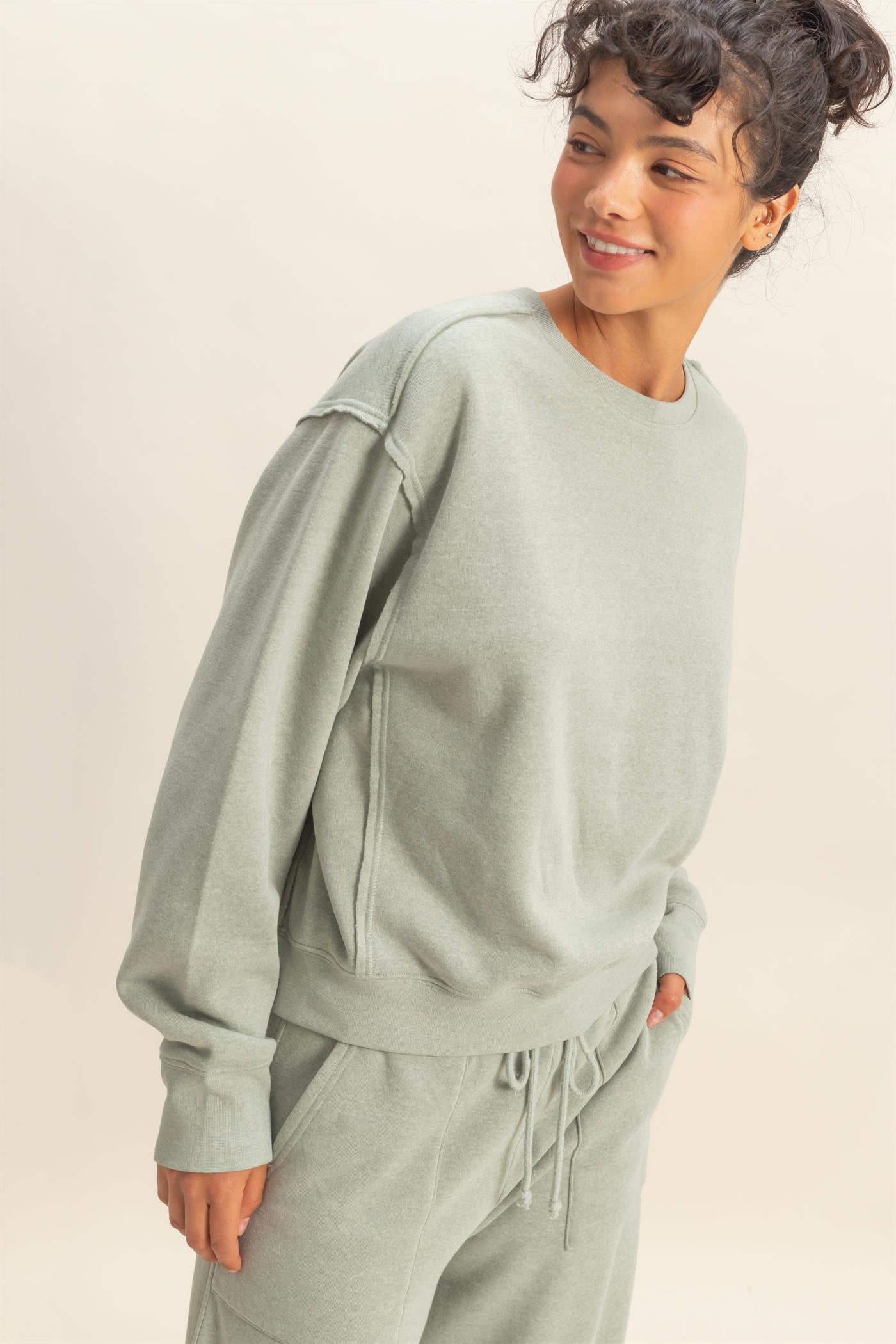 Wholesale Raw Edge Detail Burnout Sweatshirt Sweatshirts DZ26A048 SAGE GREEN DOUBLE ZERO