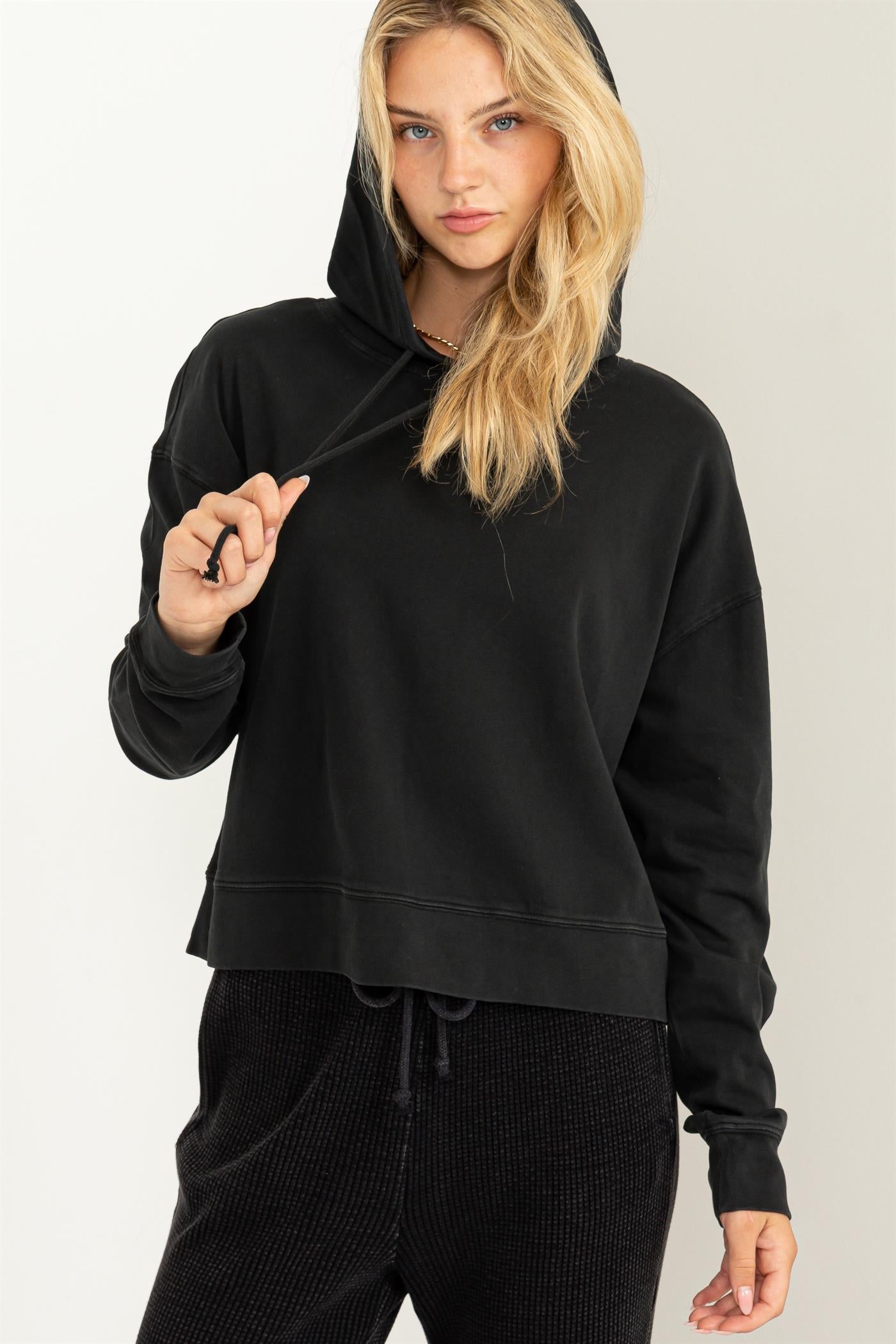 Wholesale Long Sleeve Drawstring Hoodie Clothing Tops DZ23E999 BLACK DOUBLE ZERO