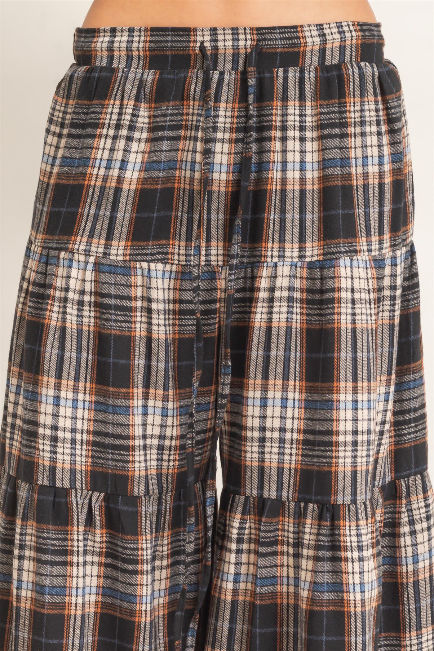 Wholesale Tiered Plaid Wide-Leg Pants Pants HF26E042 BLACK HYFVE