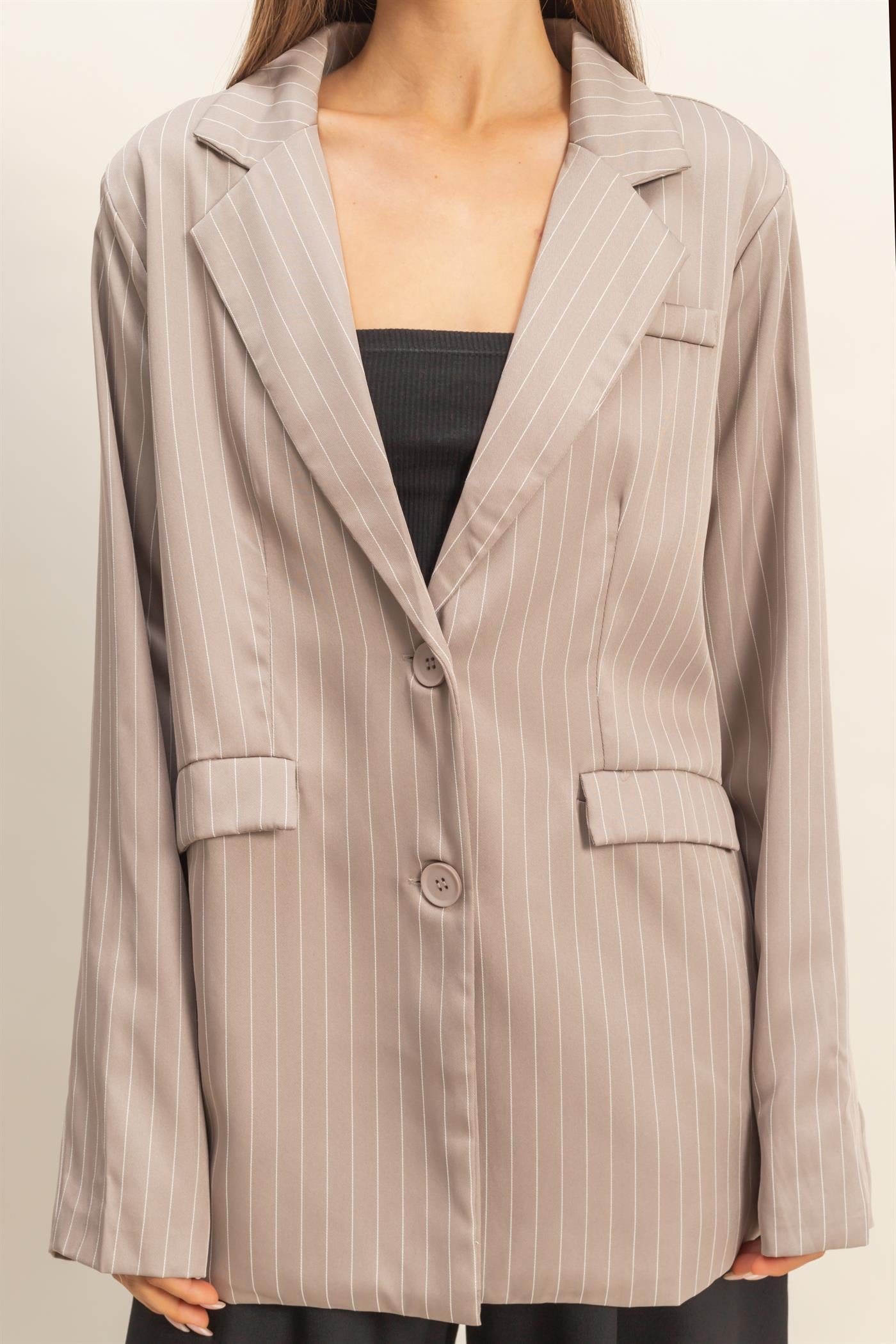 Wholesale Pin Stripe Oversized Blazer Coats & Jackets HF24A247 WARM TAUPE HYFVE