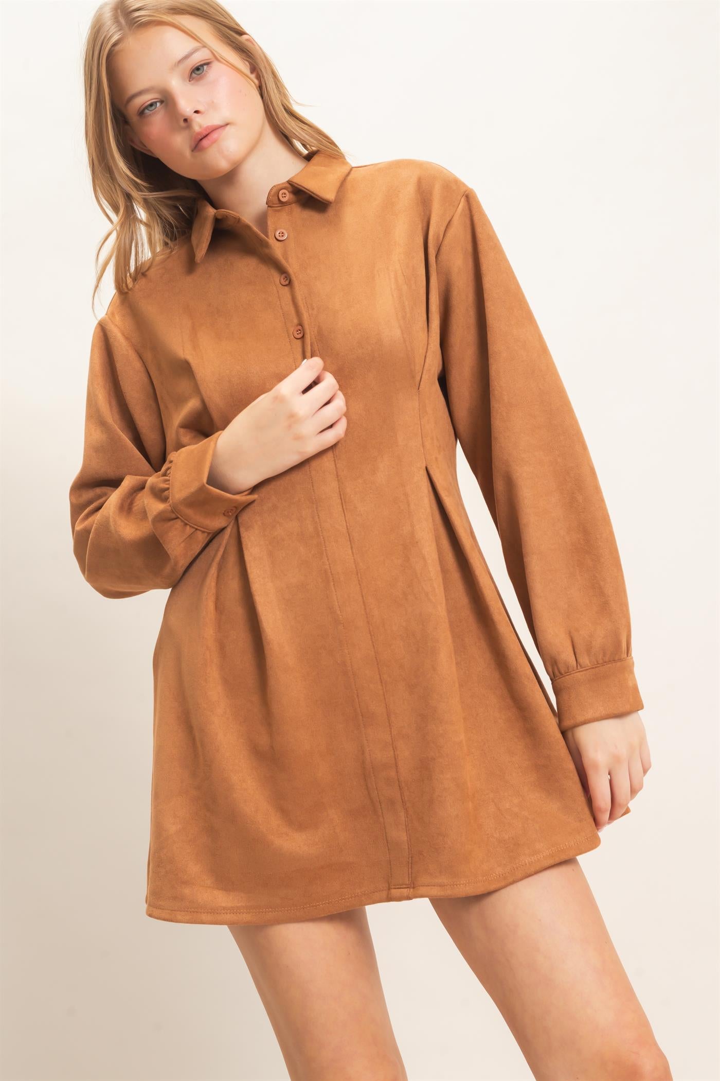 Wholesale Faux Suede Long Sleeve Shirtdress Dresses HF26F063 CAMEL HYFVE