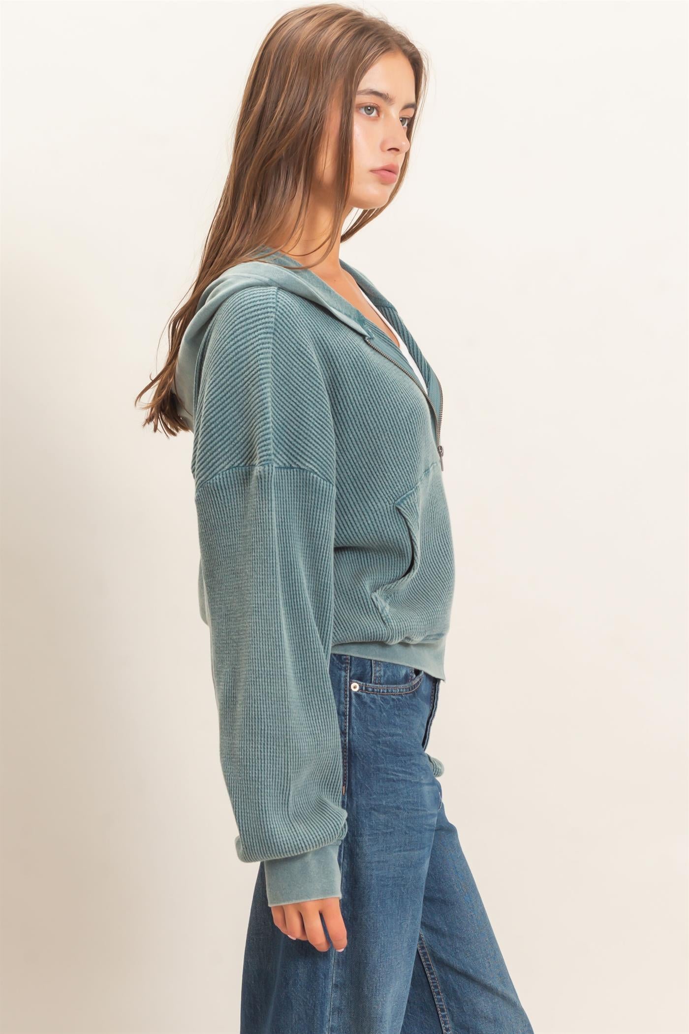 Wholesale Acid Wash Waffle Knit Zip-Up Hoodie Hoodies DZ26E401 DARK TEAL DOUBLE ZERO