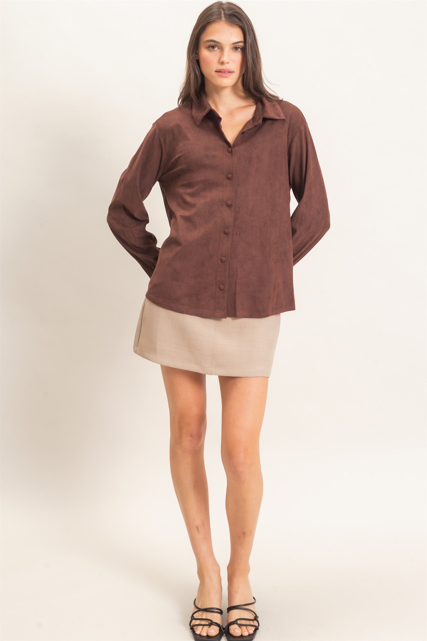 Wholesale Suede Button-Up Shirt Shirts HF26F083 CHESTNUT HYFVE