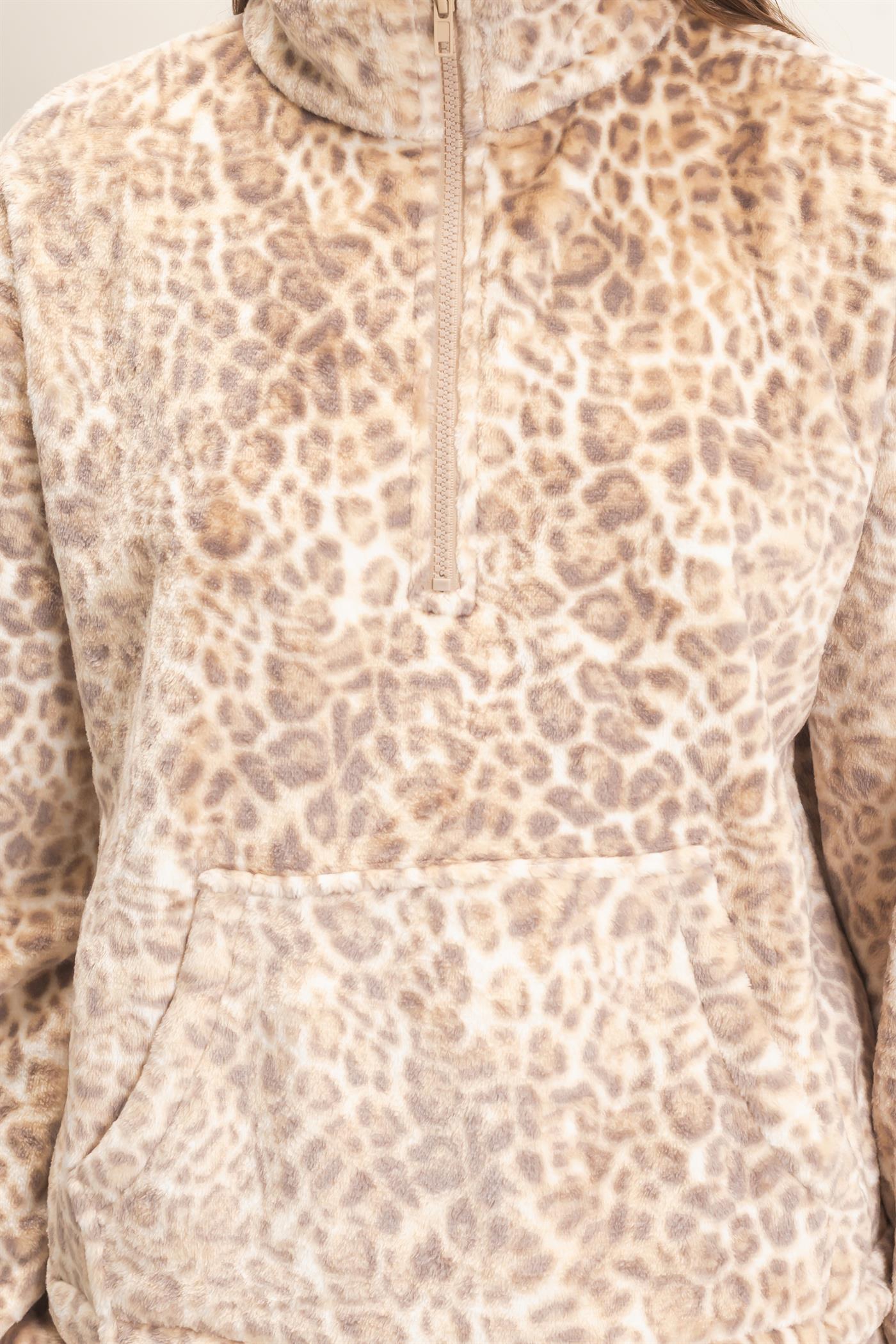 Wholesale Leopard Print Fleece Half Zip Pullover Sweaters DZ26E830 BEIGE DOUBLE ZERO