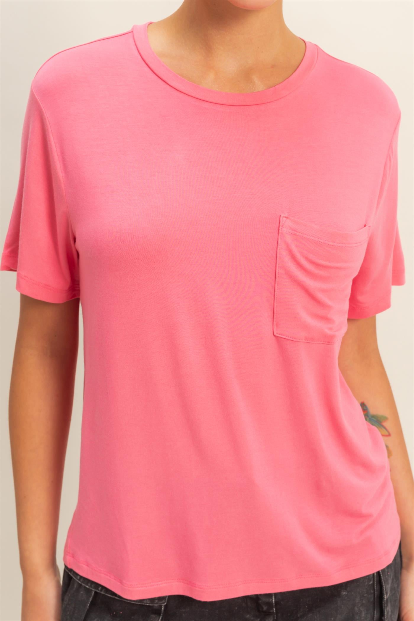 Wholesale Classic Crew Neck Short Sleeve Pocket Top T-Shirts DZ25C922 TAFFY PINK DOUBLE ZERO