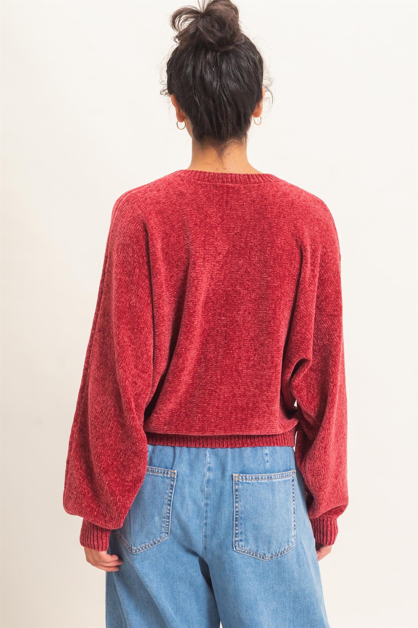 Wholesale Chenille Crew Neck Sweater Sweaters DZ26E264 DARK RED DOUBLE ZERO