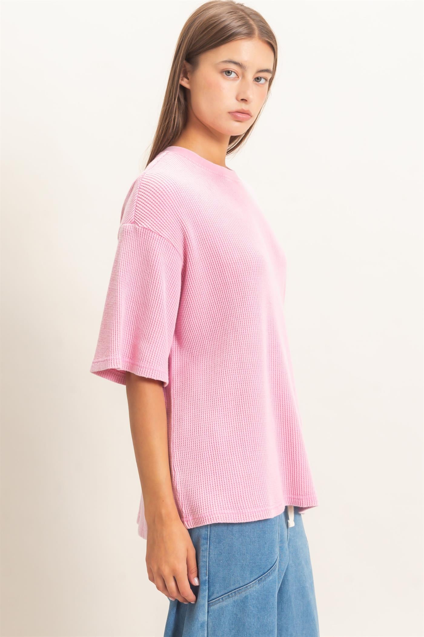 Wholesale Mineral Wash Waffle Crew Neck Short Sleeve Top Clothing Tops DZ26E328 PINK DOUBLE ZERO