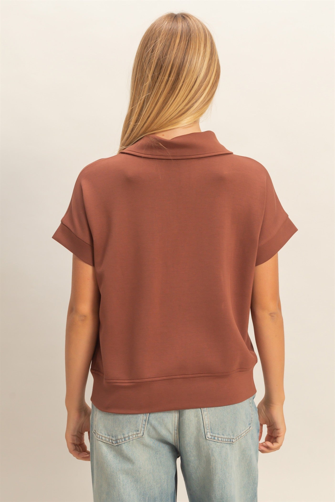 Wholesale Short Sleeve High Neck Half-Zip Top Clothing Tops DZ26C735 CHESTNUT DOUBLE ZERO