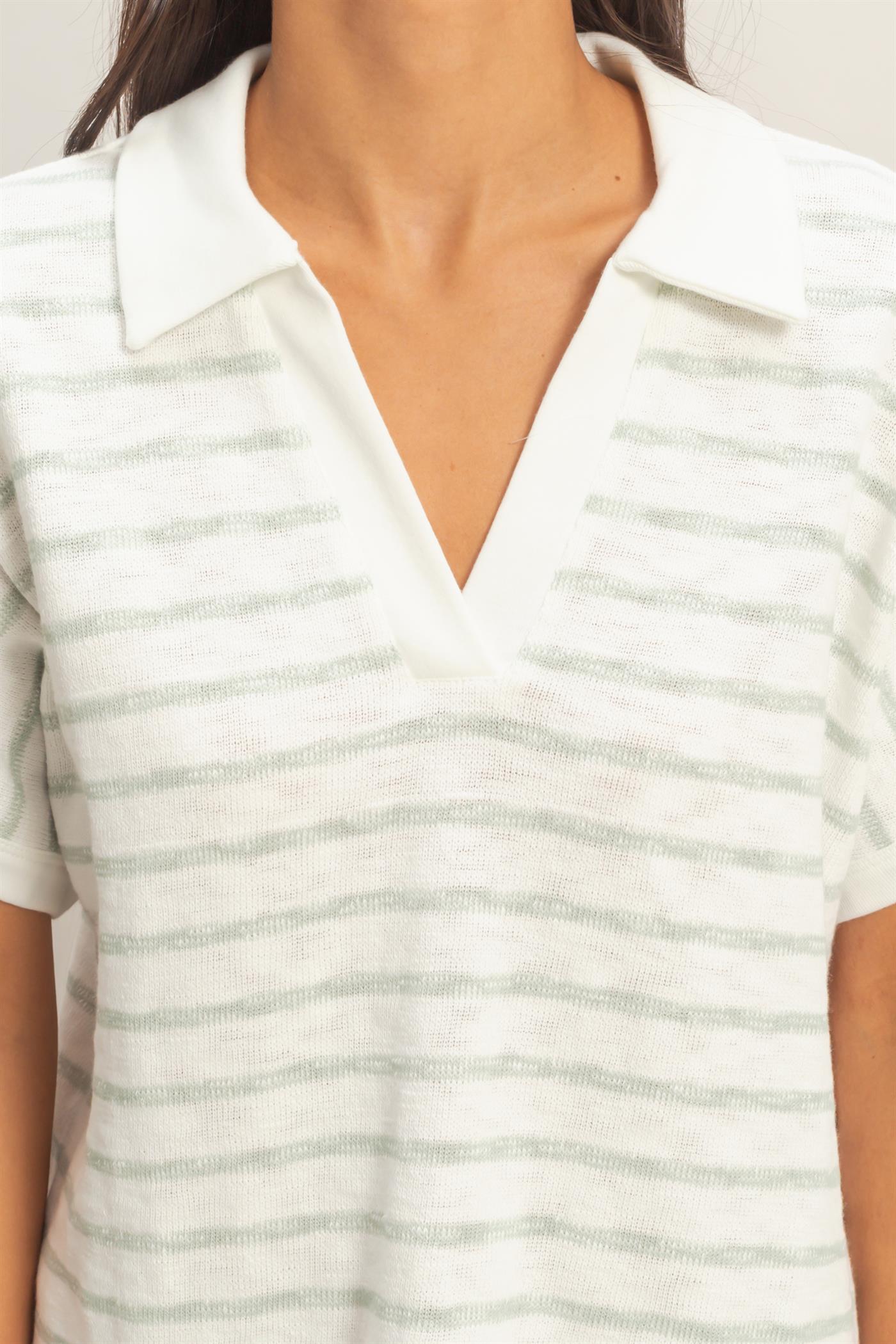 Wholesale Striped Dolman Sleeve V-Neck Collared Top Clothing Tops DZ26A452 SAGE GREEN DOUBLE ZERO