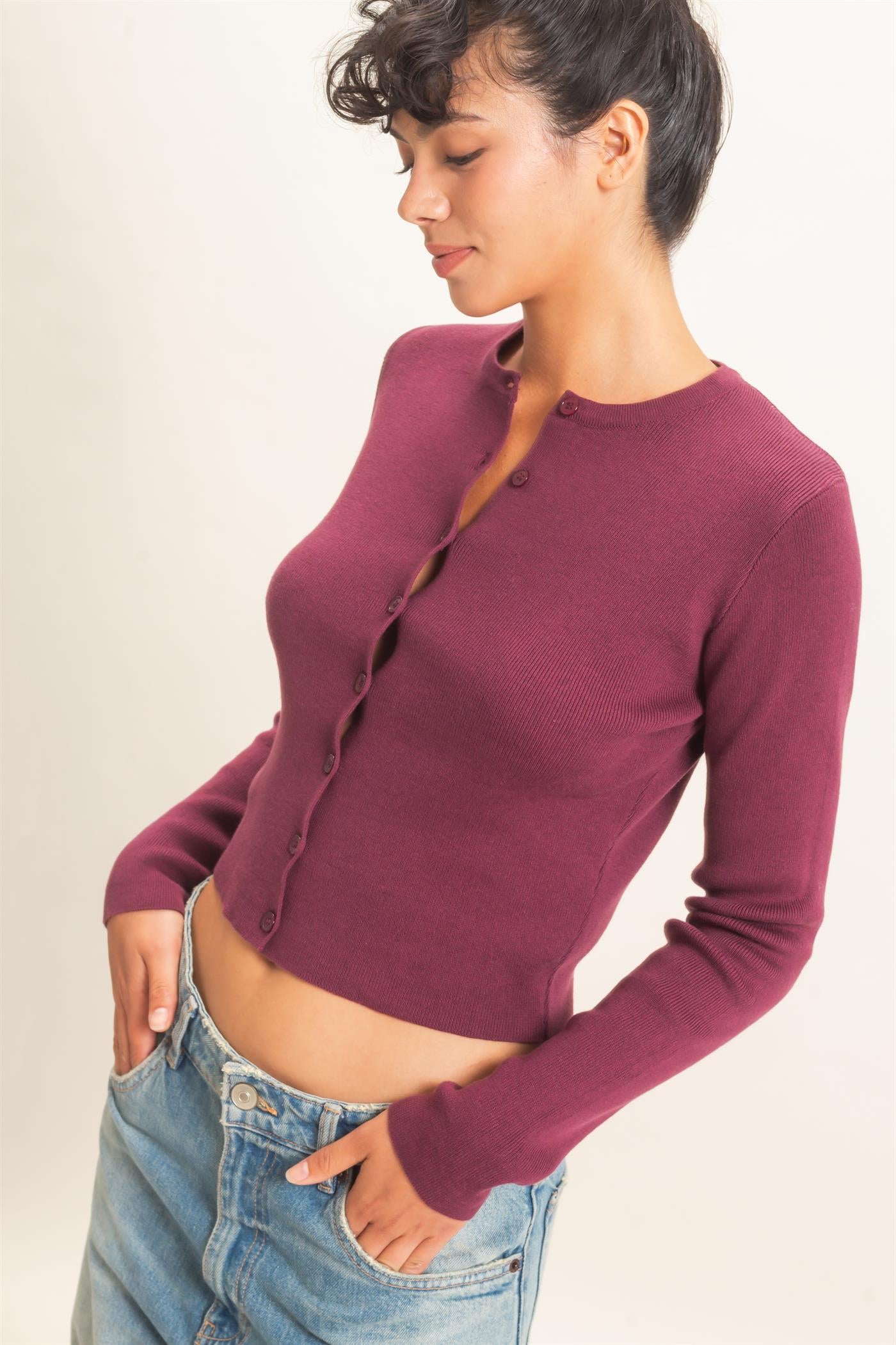 Wholesale Ribbed Crew Neck Cardigan Cardigans DZ27A153 DARK CHERRY DOUBLE ZERO