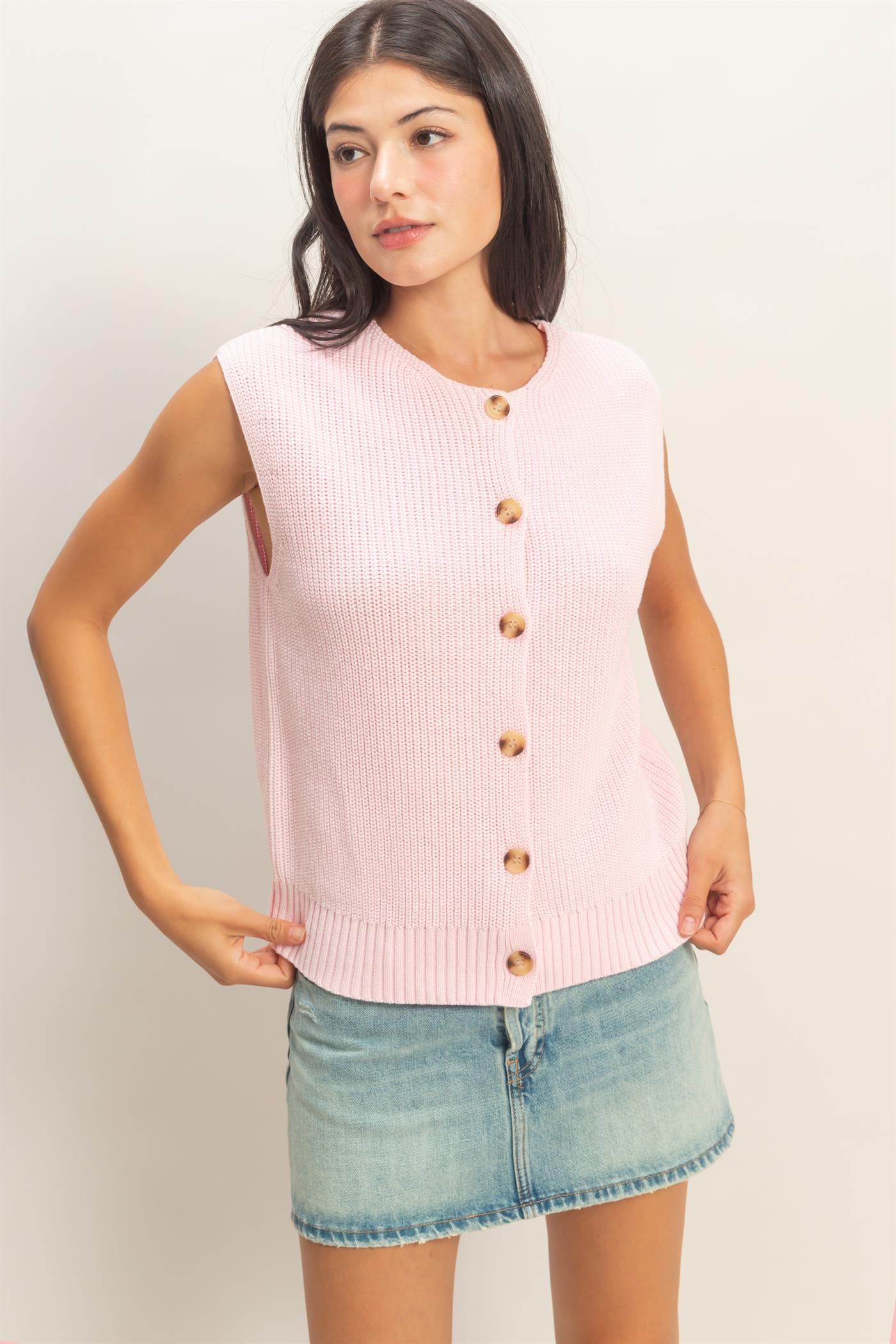Wholesale Sleeveless Button-Up Ribbed Vest Sweaters DZ26A833 SOFT PINK DOUBLE ZERO