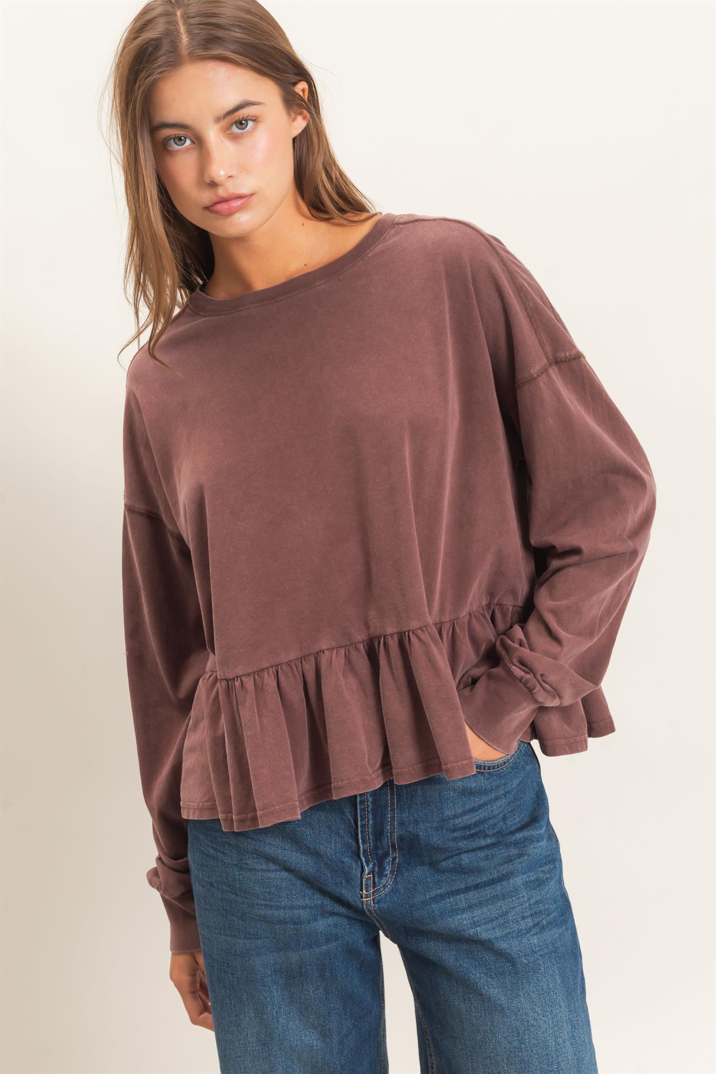 Wholesale Peplum Long Sleeve Top Clothing Tops DZ26F397 DARK BROWN DOUBLE ZERO