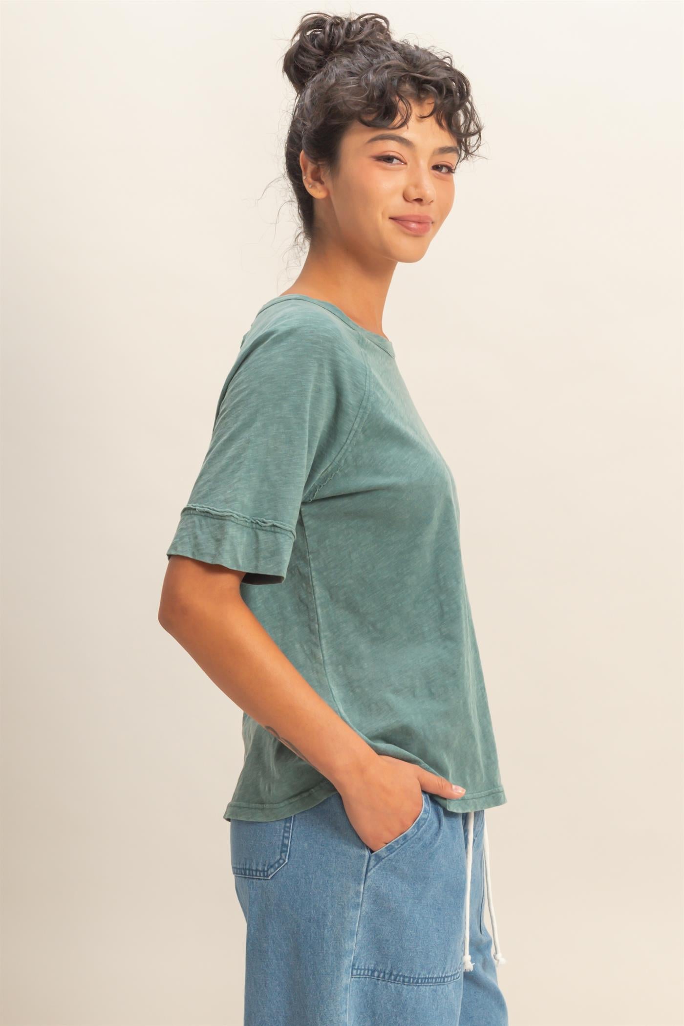 Wholesale Acid Wash Raw Seam Raglan Short Sleeve Tee Clothing Tops DZ26A655 DARK TEAL HYFVE