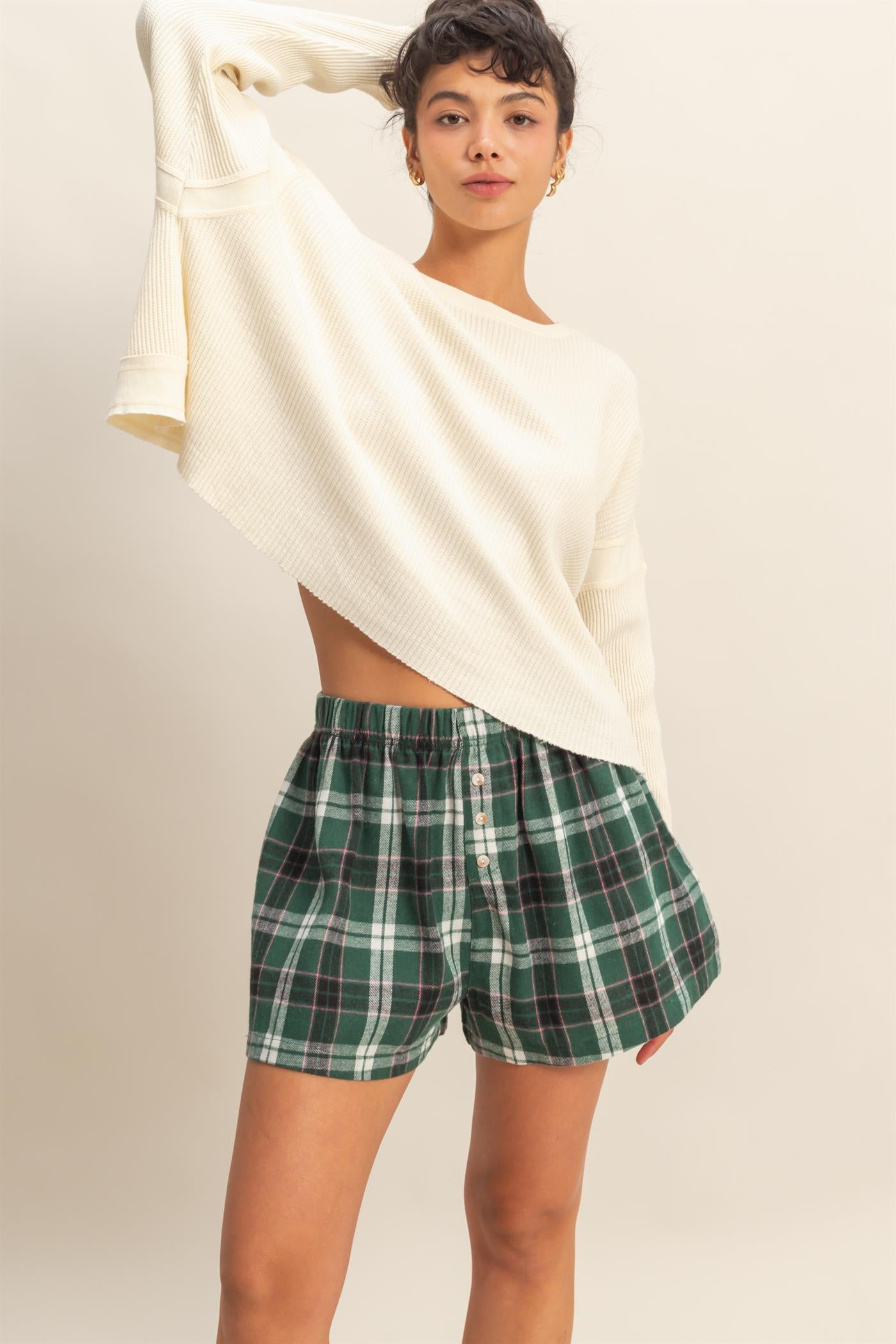 Wholesale Button-Front Plaid Boxer Shorts Shorts DZ25F483 GREEN DOUBLE ZERO