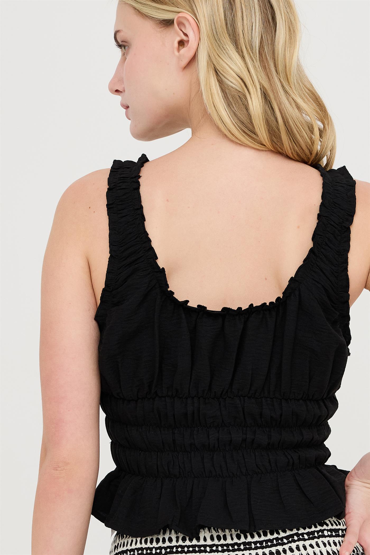 Wholesale Ruched Square Neck Smocked Top Clothing Tops HF26E388-D BLACK HYFVE