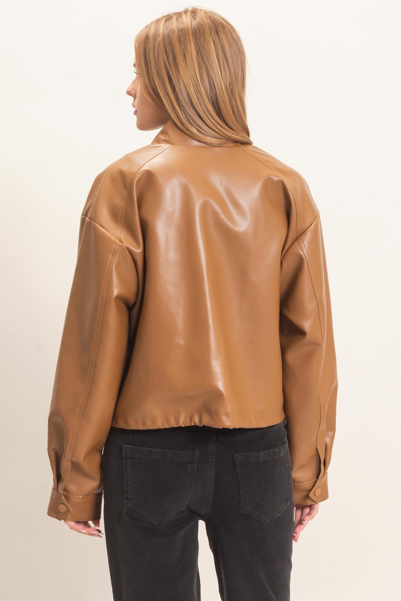 Wholesale Faux Leather Jacket With Stand Collar Bomber Jackets HF25F452 BROWN HYFVE