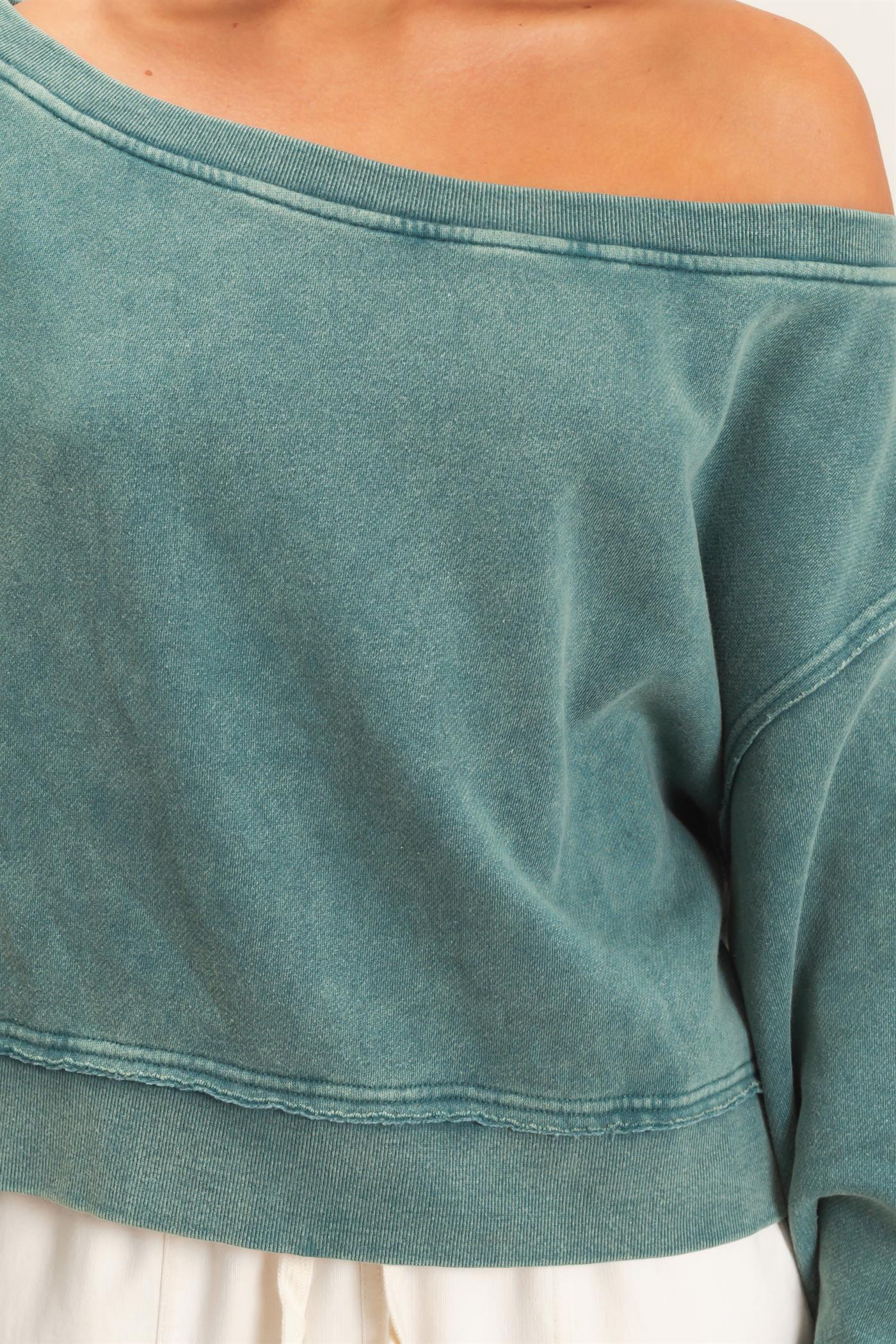 Wholesale Raw Edge Acid Wash Off The Shoulder Sweatshirt Sweatshirts DZ26F013 DARK TEAL DOUBLE ZERO