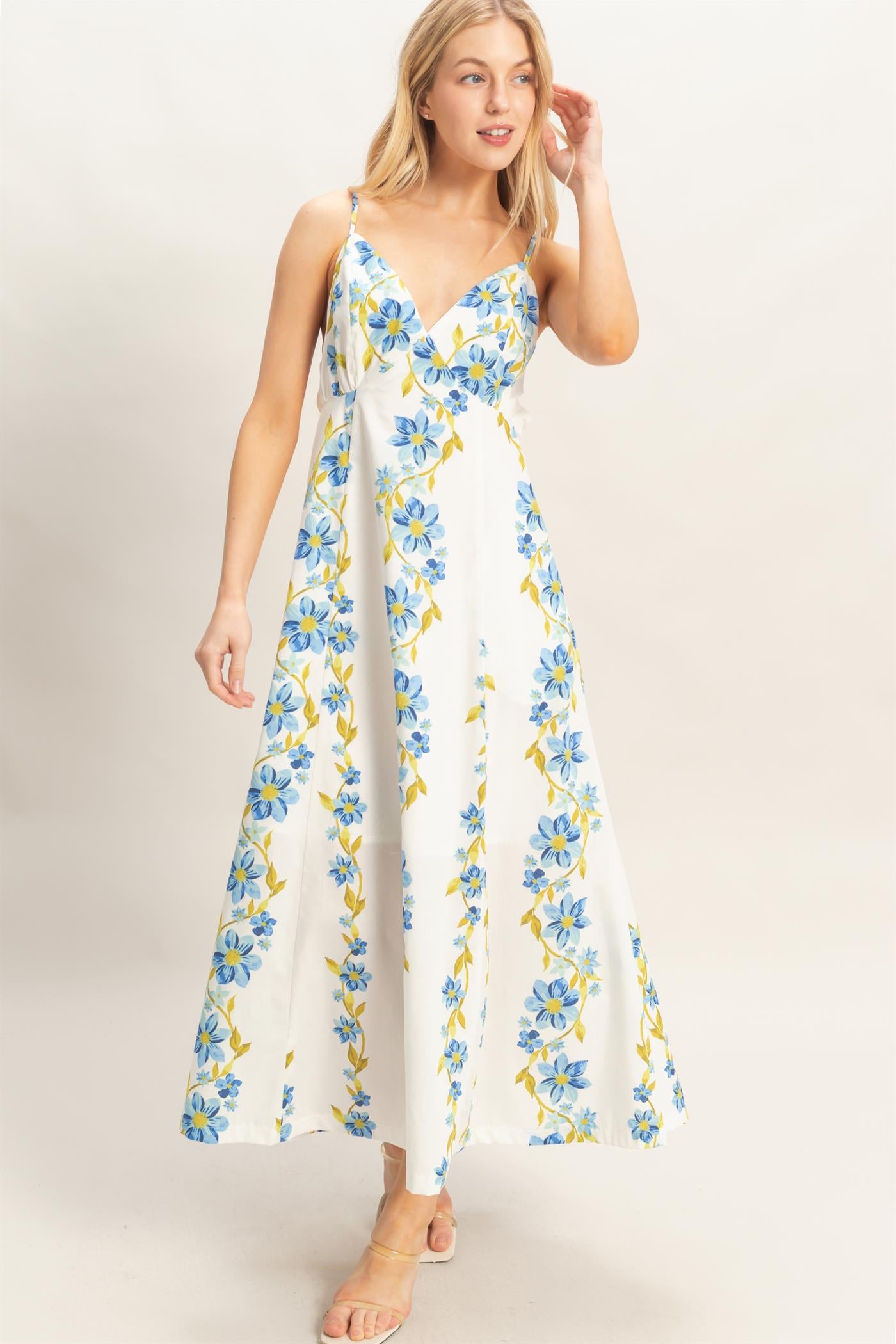 Wholesale Floral V-Neck Cami Dress Dresses HF26A493 BLUE HYFVE