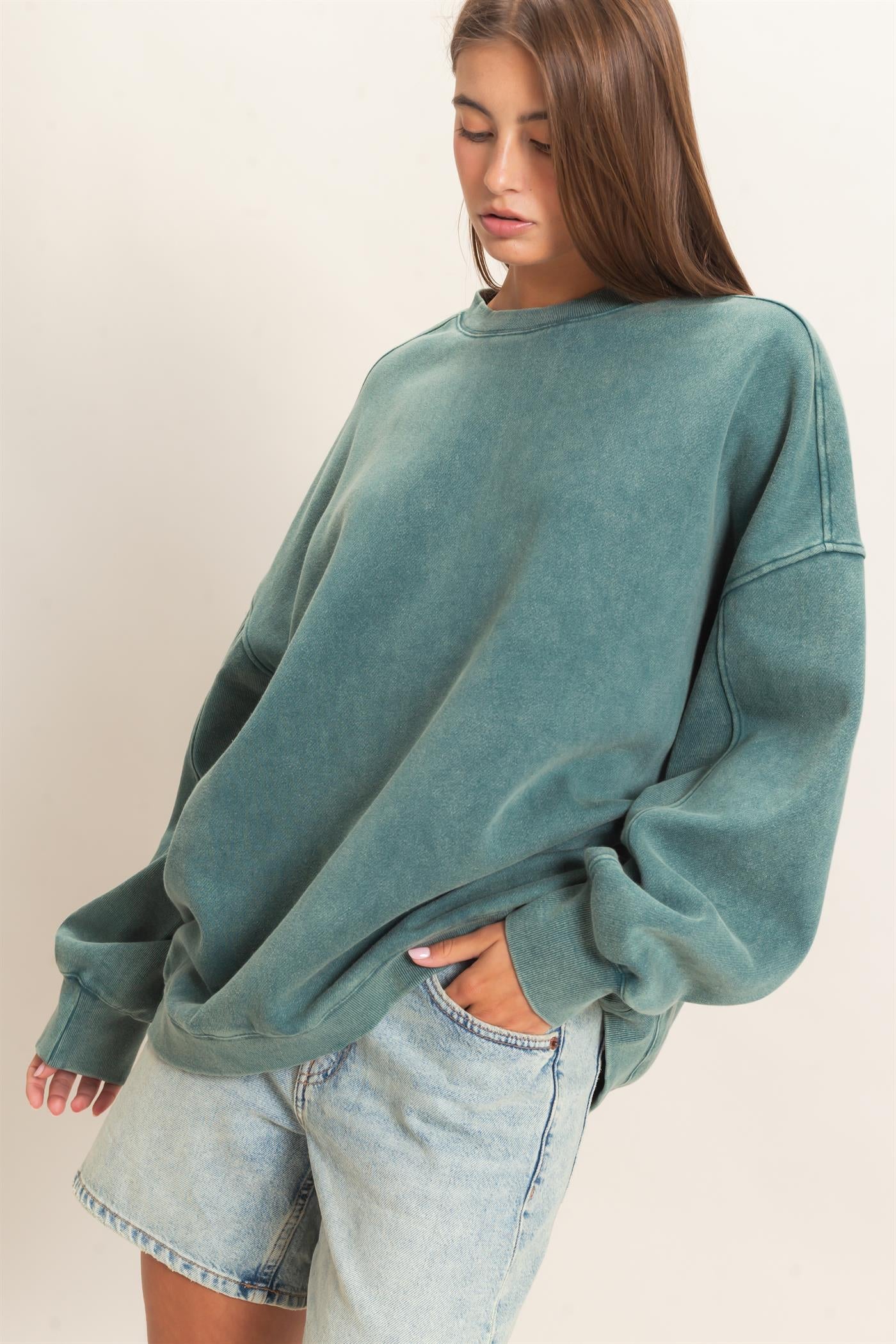 Wholesale Acid Wash Crew Neck Long Sleeve Sweatshirt Sweatshirts DZ26E268 DARK TEAL DOUBLE ZERO