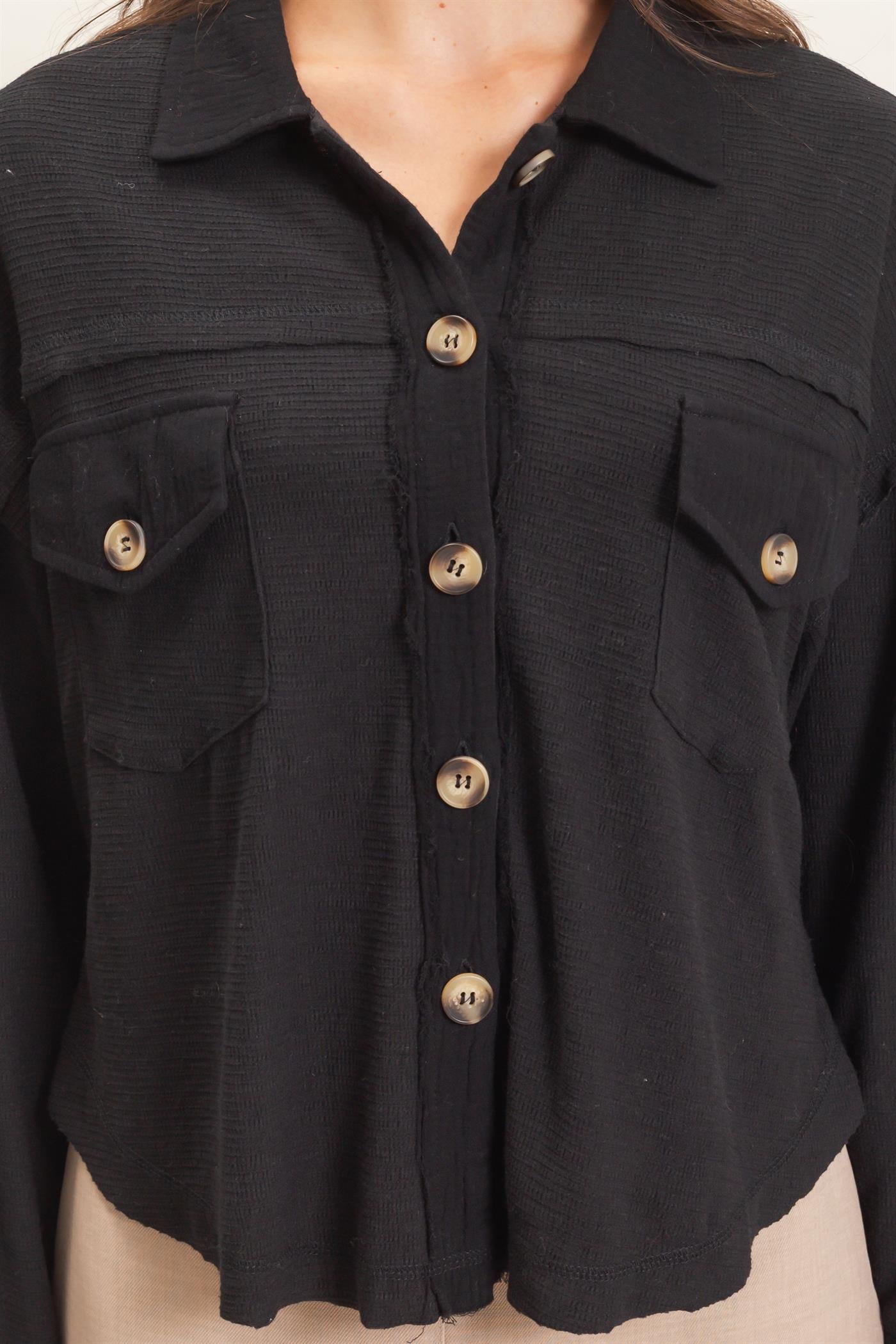 Wholesale Textured Button-Up Shirt Clothing Tops HF26C878 BLACK HYFVE