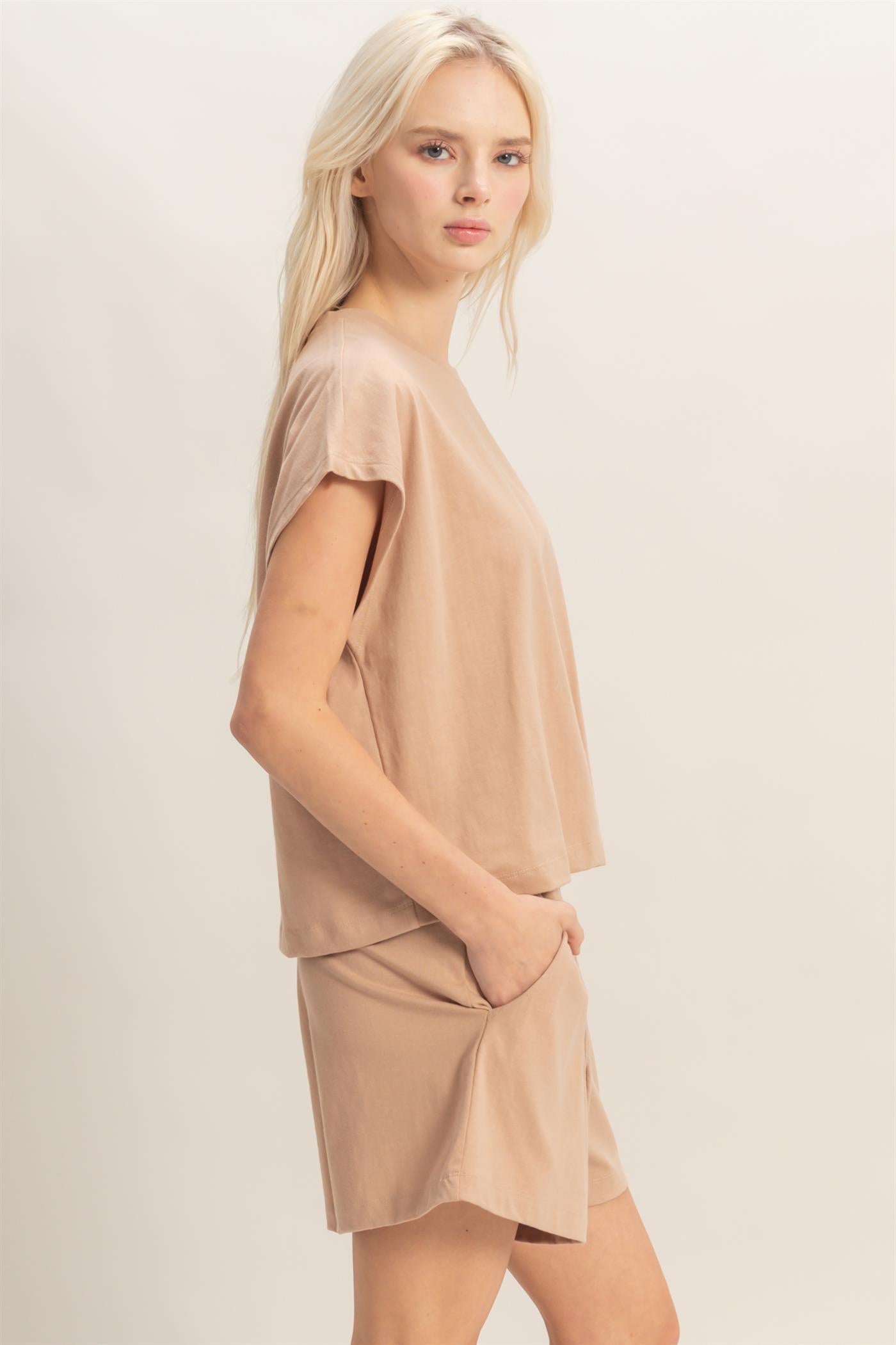 Wholesale Cap Sleeve Boxy Top And Shorts Set Clothing DZ26C543-SET DARK TAUPE DOUBLE ZERO