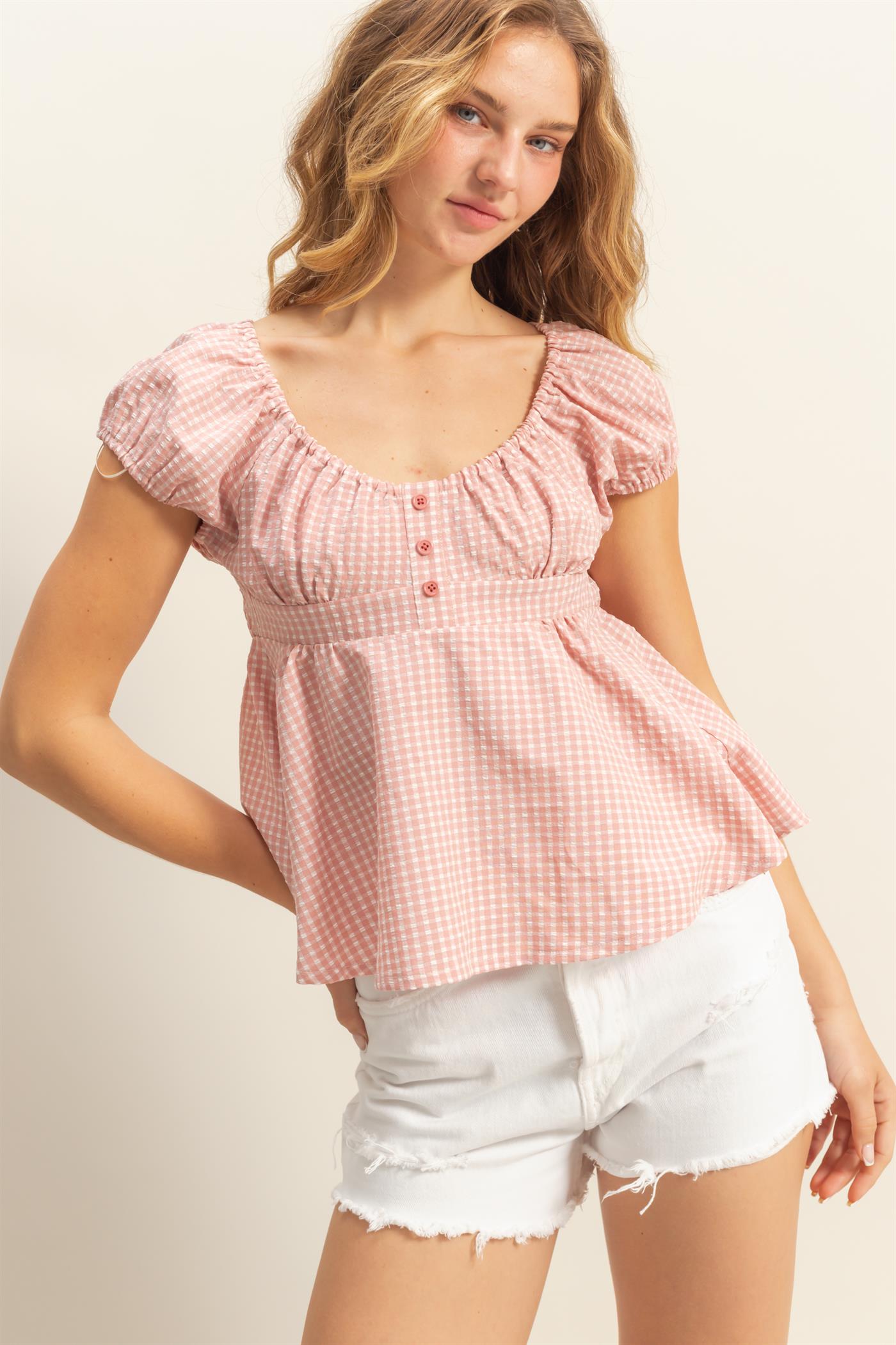 Wholesale Gingham Scoop Neck Cap Sleeve Blouse Blouses DZ25C042 PINK DOUBLE ZERO