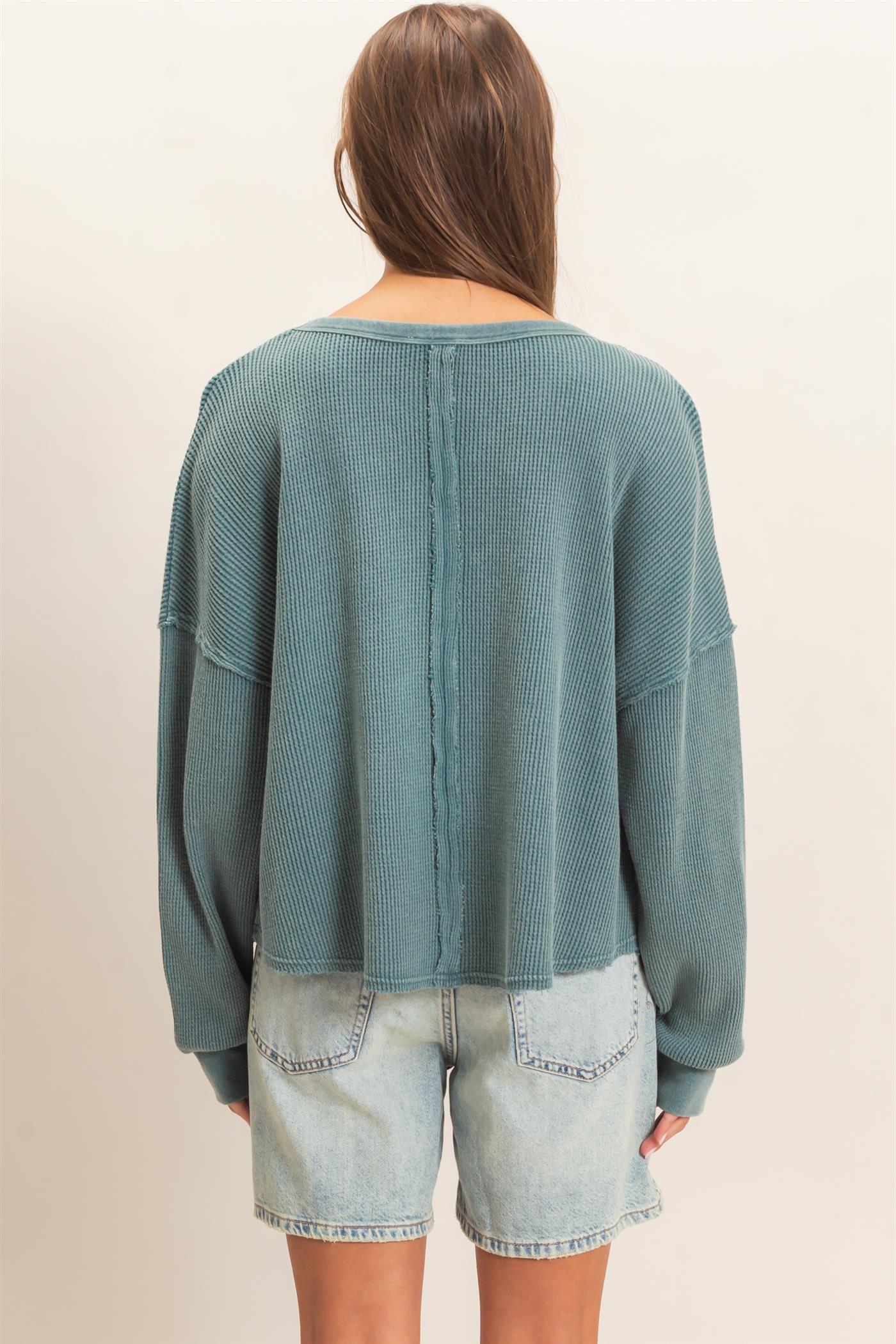 Wholesale Mineral Wash Waffle Oversized Top Clothing Tops DZ26E248 DARK TEAL DOUBLE ZERO