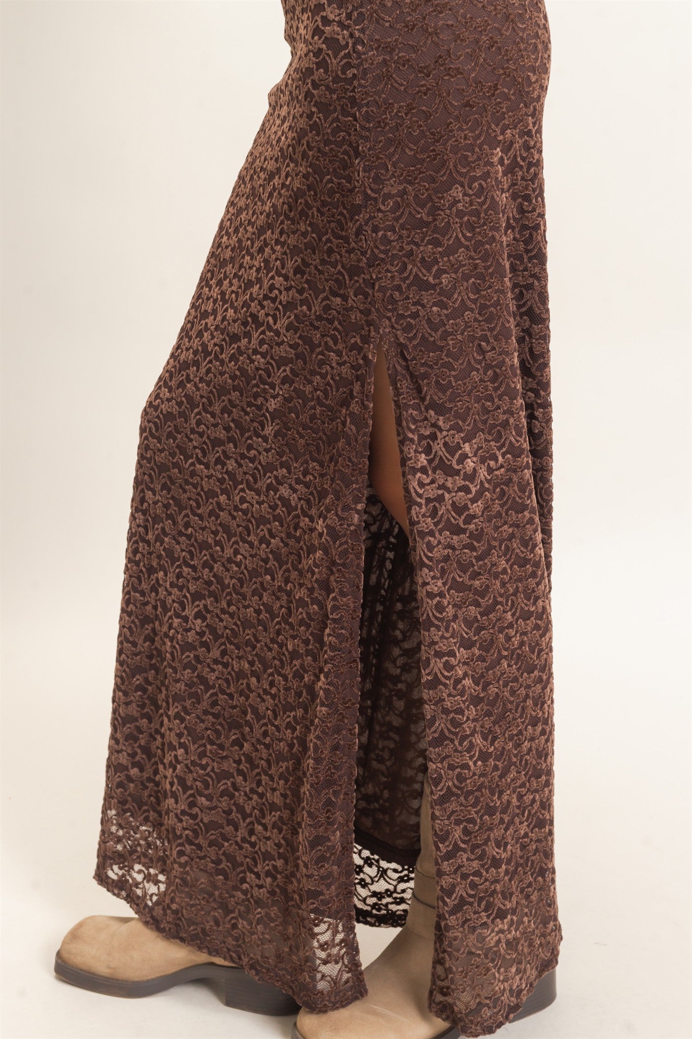 Wholesale Velvet Lace Maxi Skirt Skirts HF26E702 CHOCOLATE HYFVE