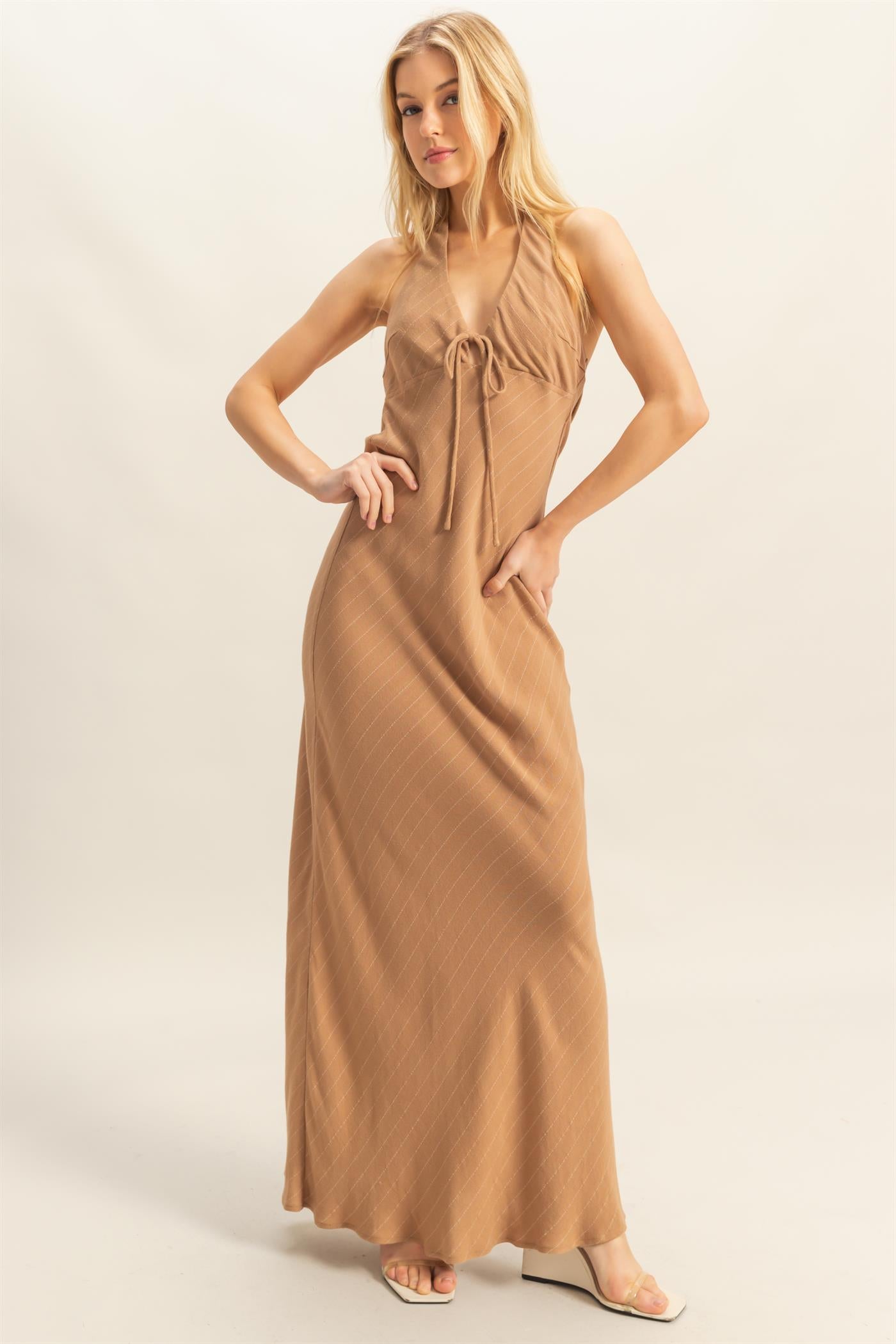 Wholesale Striped Halter Neck Linen Maxi Dress Dresses HF25C373 TAUPE HYFVE