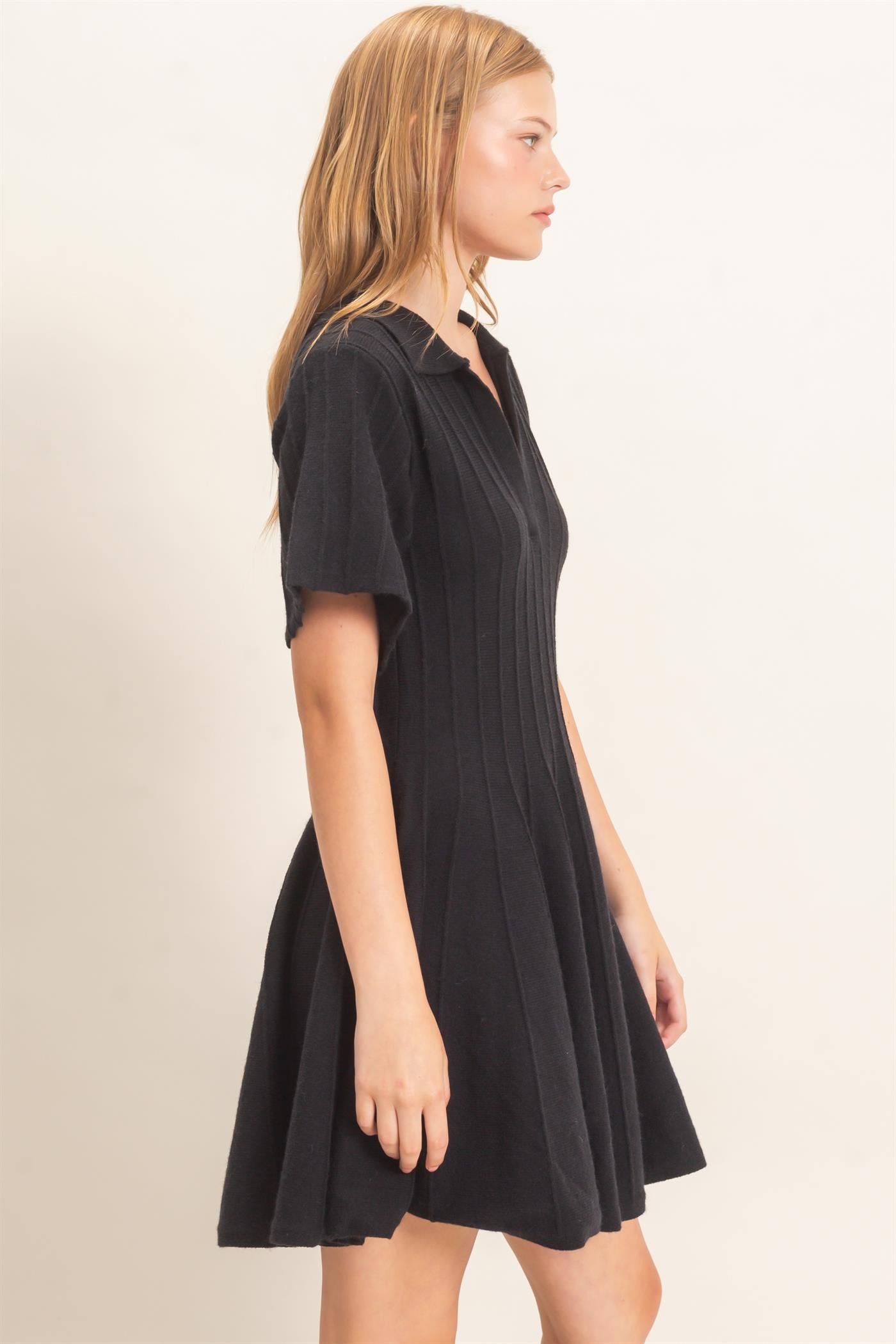 Wholesale Ribbed Knit Collared Dress Dresses HF26E365 BLACK HYFVE